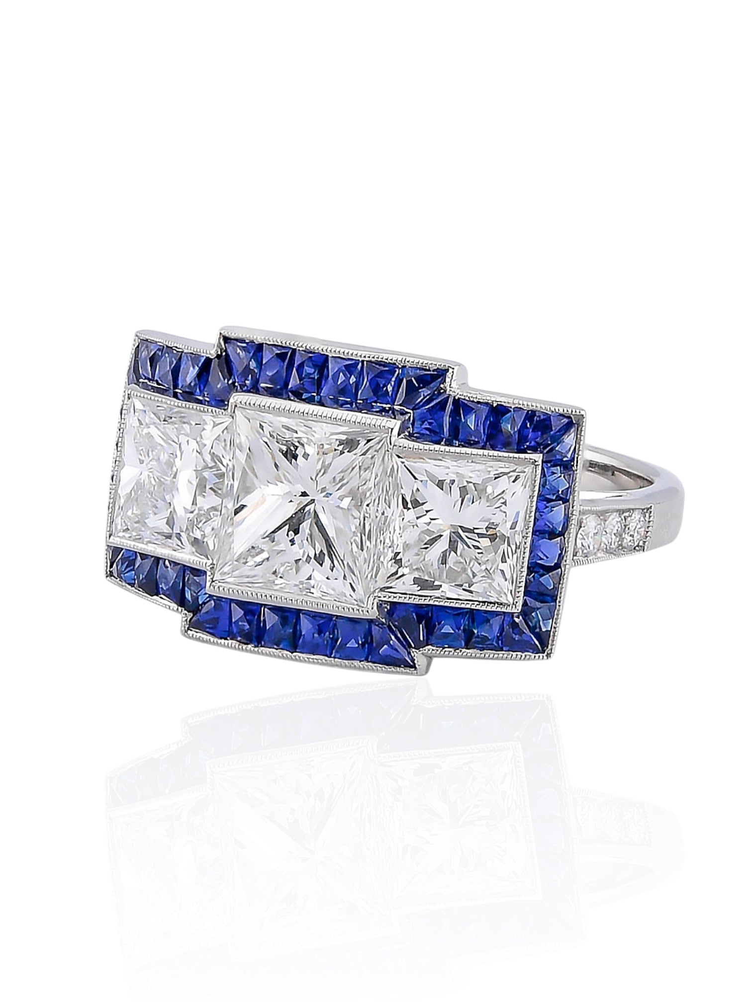 Sophia D Art Deco Three-Stone Diamond and Sapphire Ring in Platinum