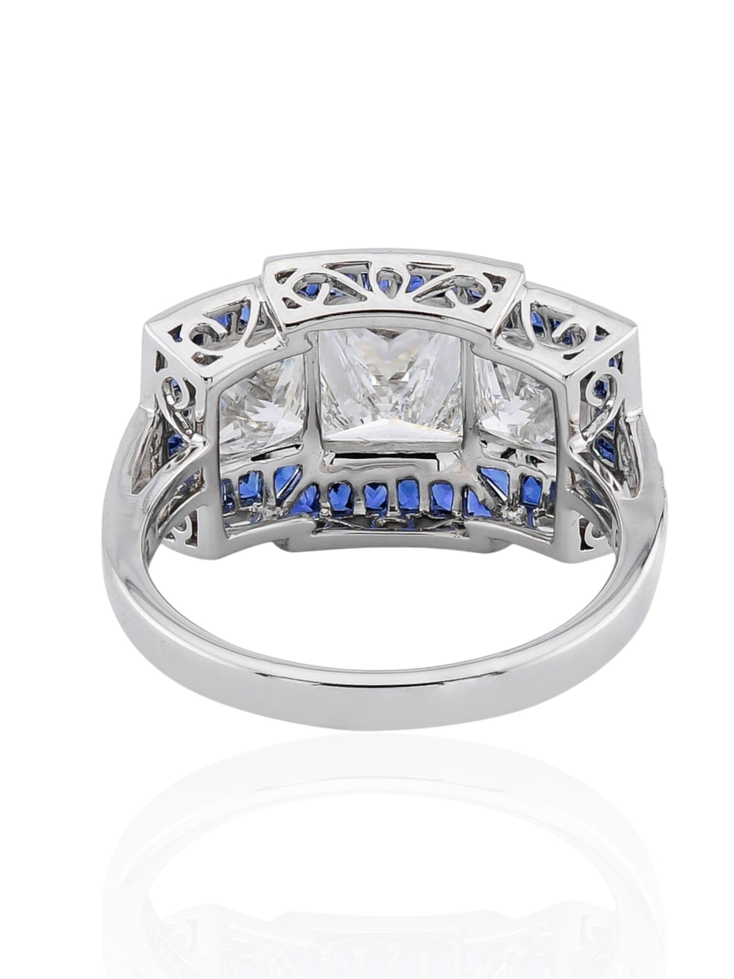 Sophia D Art Deco Three-Stone Diamond and Sapphire Ring in Platinum