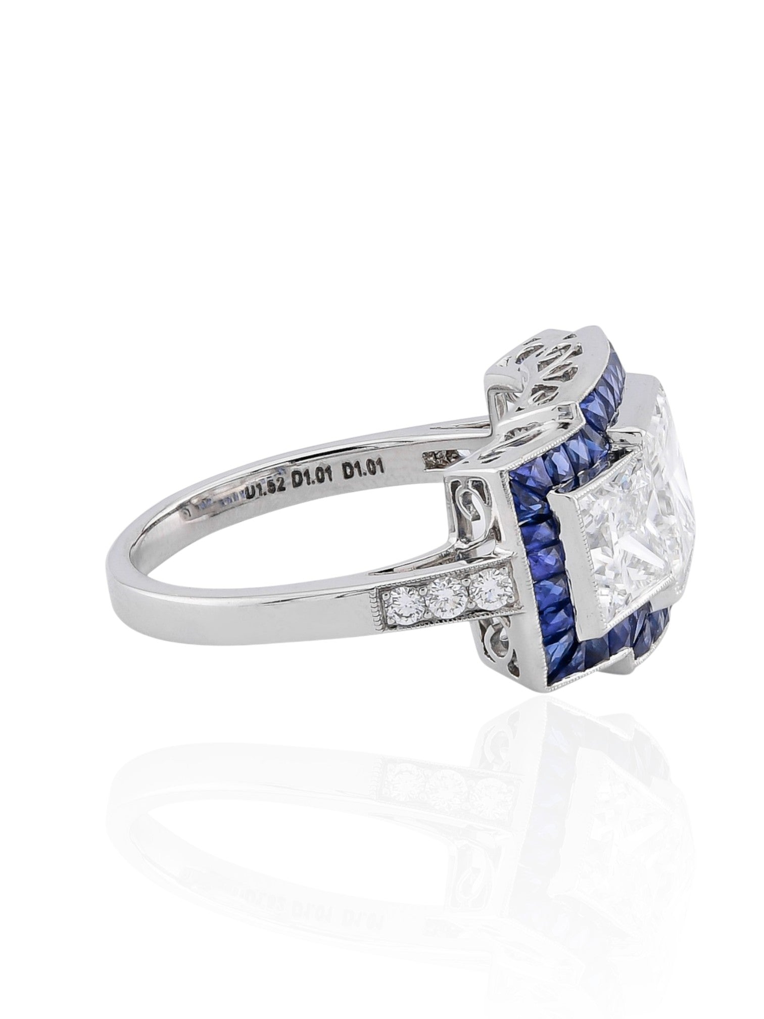 Sophia D Art Deco Three-Stone Diamond and Sapphire Ring in Platinum