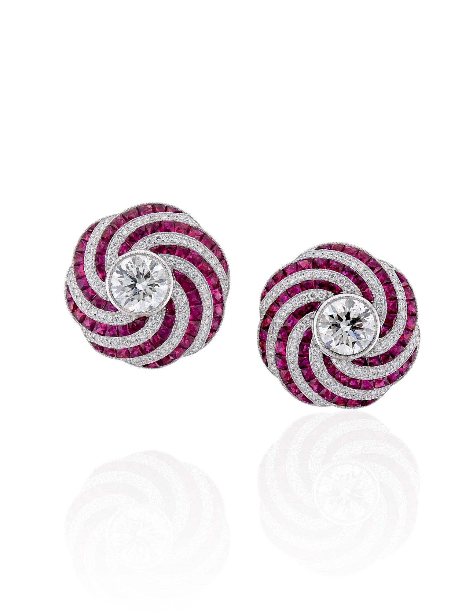 Sophia D Art Deco Ruby & Diamond Swirl Earrings in 18K Yellow Gold