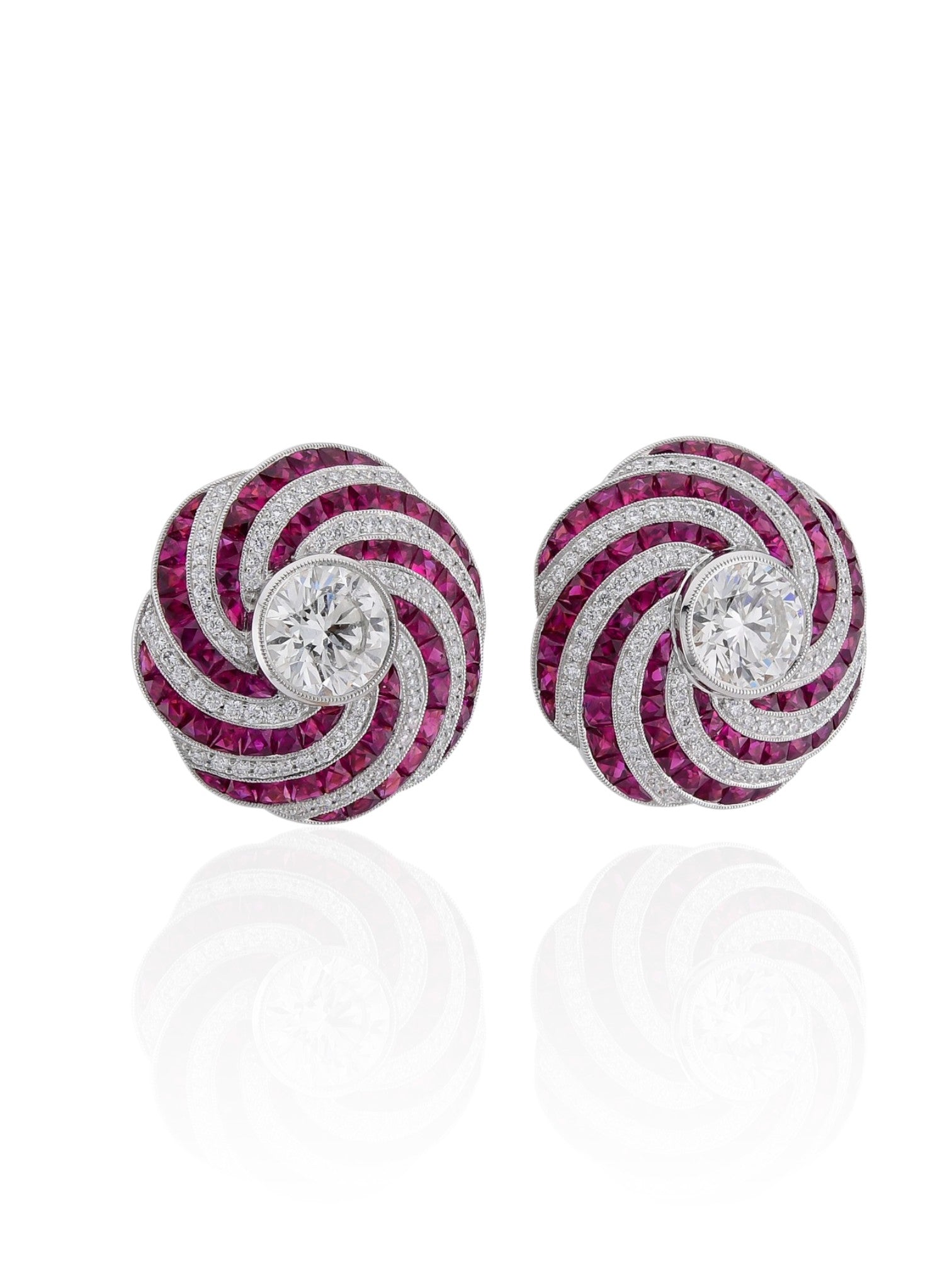 Sophia D Art Deco Ruby & Diamond Swirl Earrings in 18K Yellow Gold