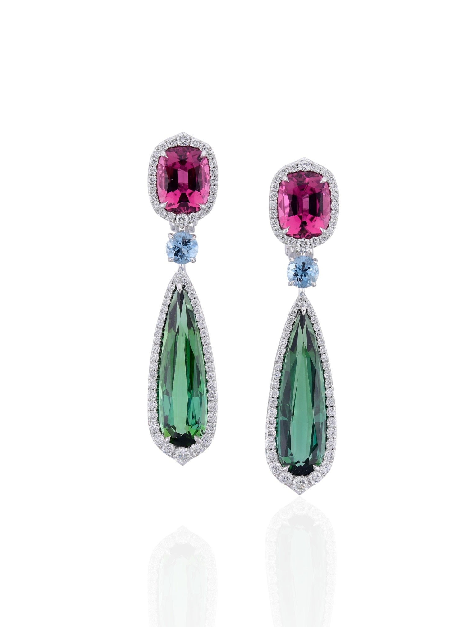 Sophia D Drop Earrings with Rubellite, Green Tourmaline, Aquamarine, and Diamonds in Platinum
