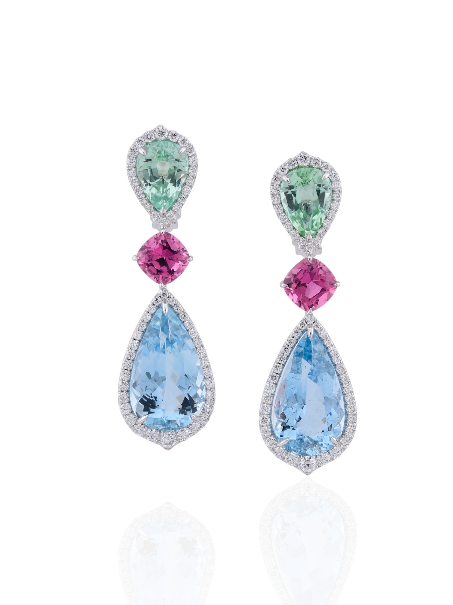 Sophia D Art Deco Aquamarine, Green Tourmaline, and Rubellite Drop Earrings in Platinum