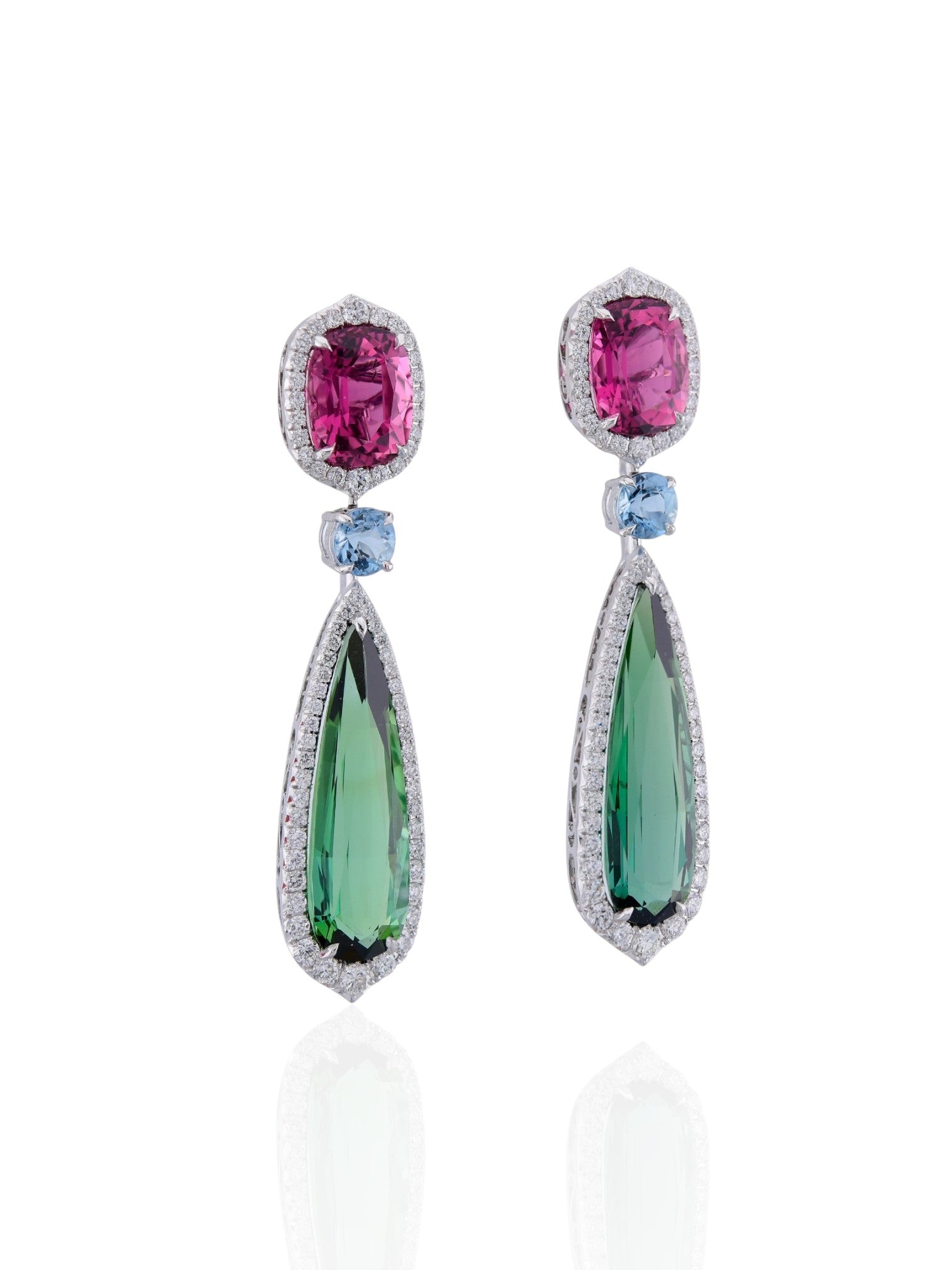 Sophia D Drop Earrings with Rubellite, Green Tourmaline, Aquamarine, and Diamonds in Platinum