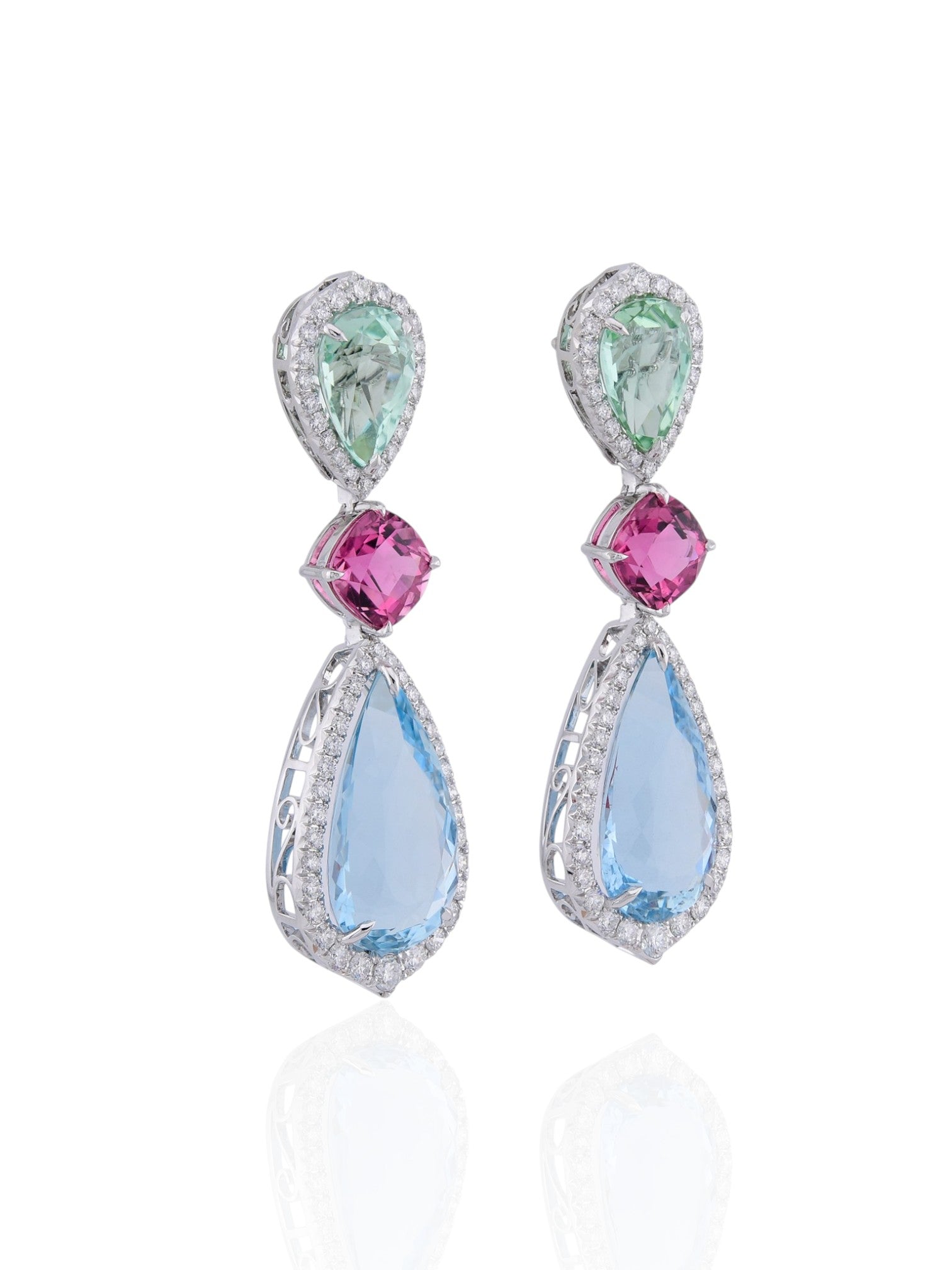 Sophia D Art Deco Aquamarine, Green Tourmaline, and Rubellite Drop Earrings in Platinum