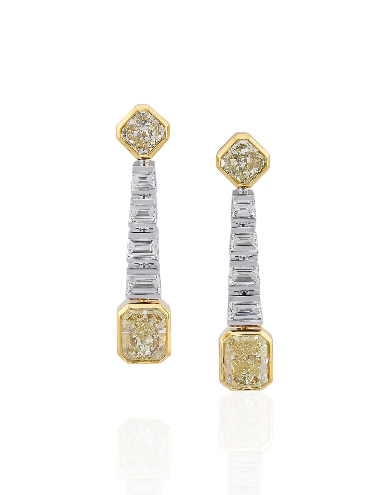Sophia D Art Deco Yellow Diamond and Trapezoid Diamond Drop Earrings in Platinum & 18K Yellow Gold