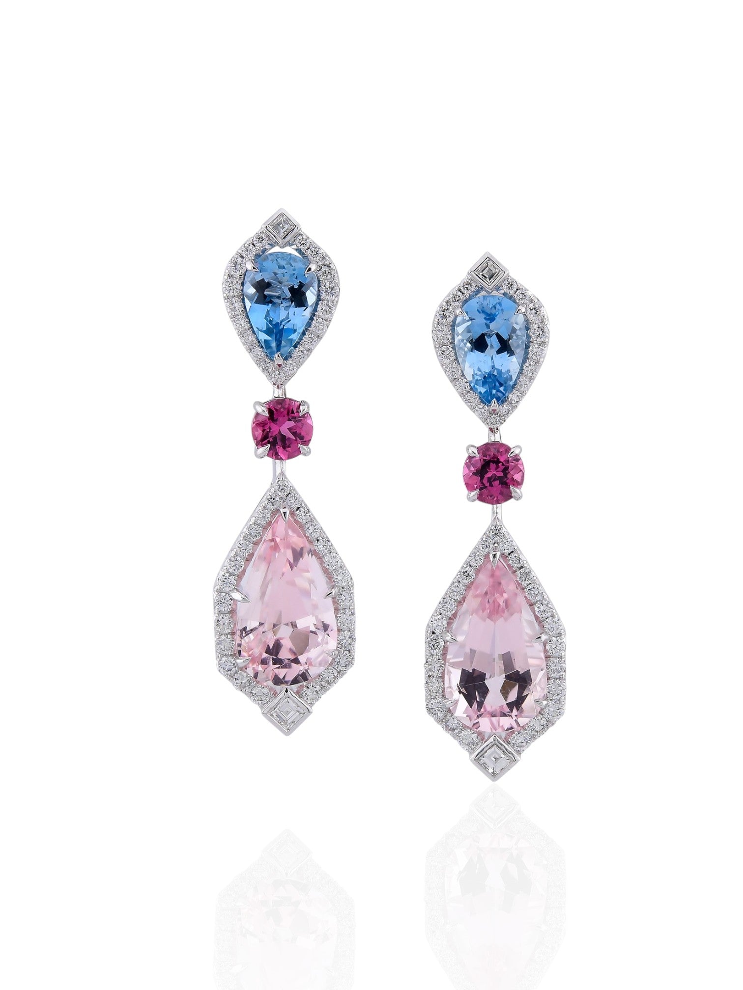 Sophia D Art Deco Morganite, Aquamarine & Ruby Earrings in Platinum