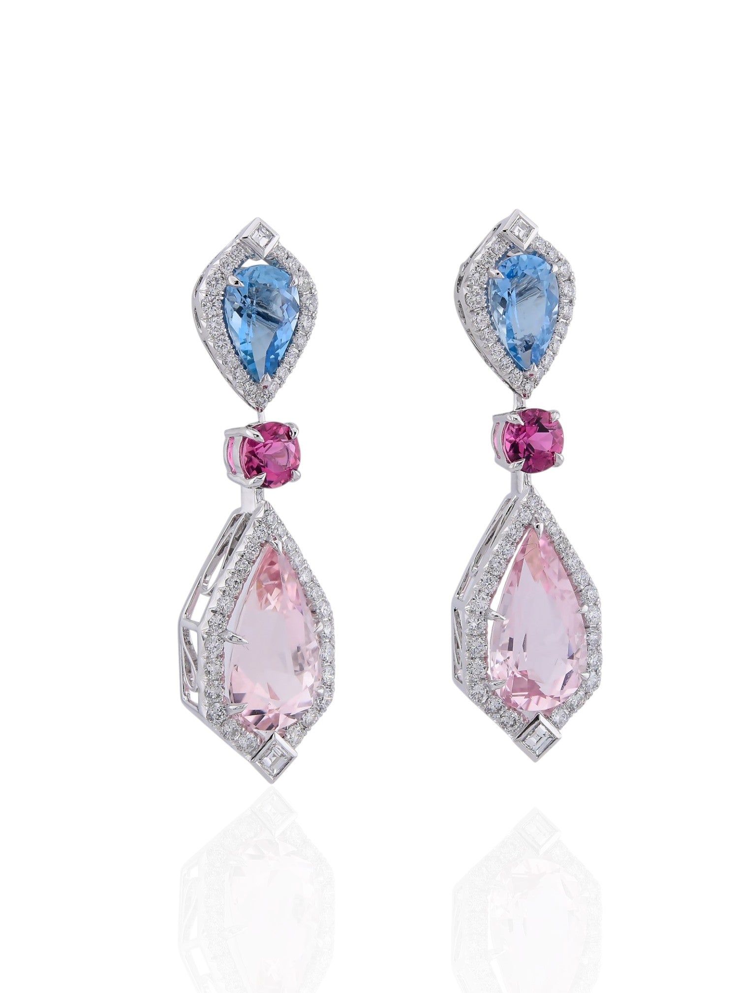Sophia D Art Deco Morganite, Aquamarine & Ruby Earrings in Platinum