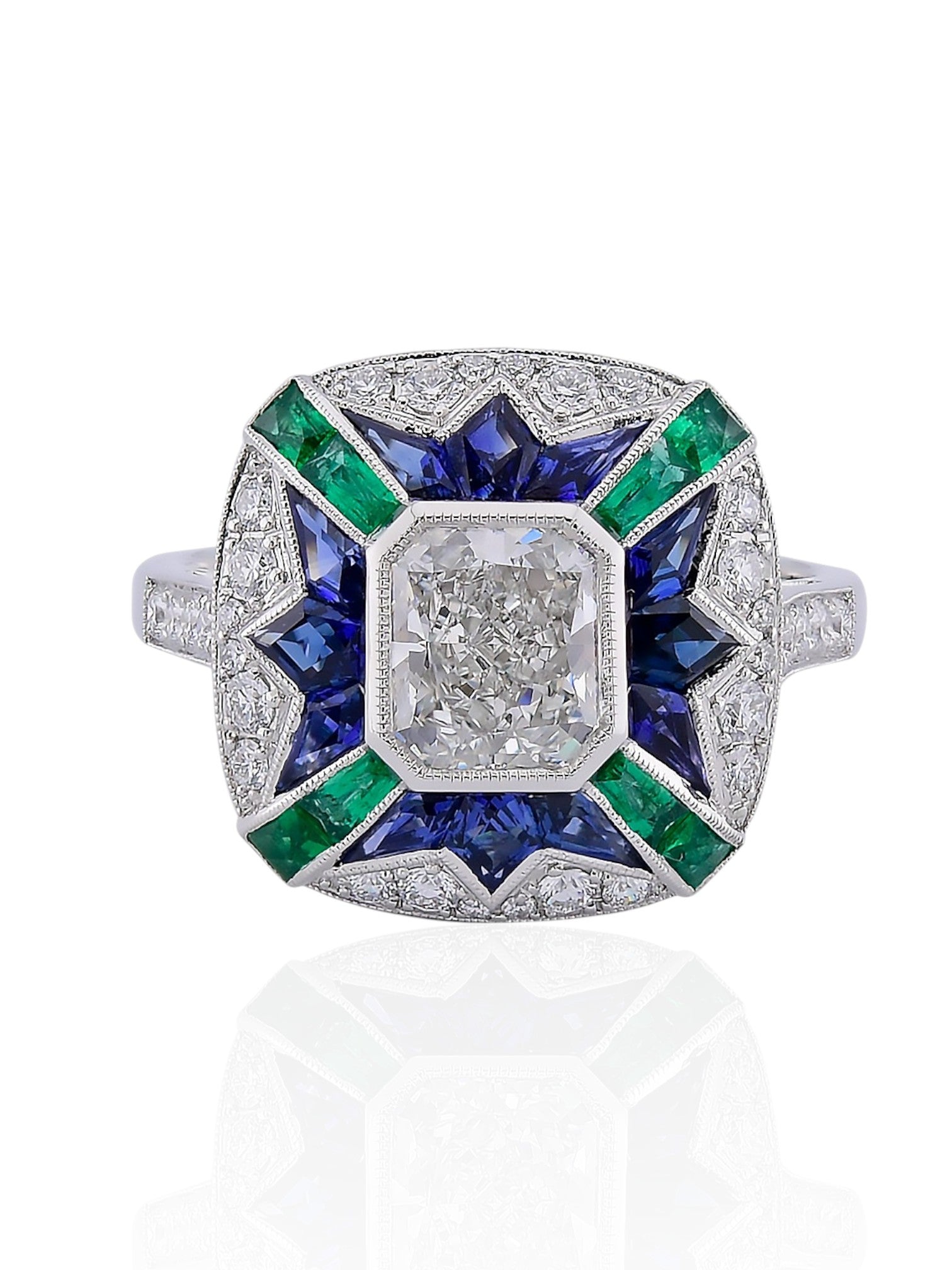 Sophia D Art Deco Radiant Diamond, Emerald & Sapphire Ring in Platinum