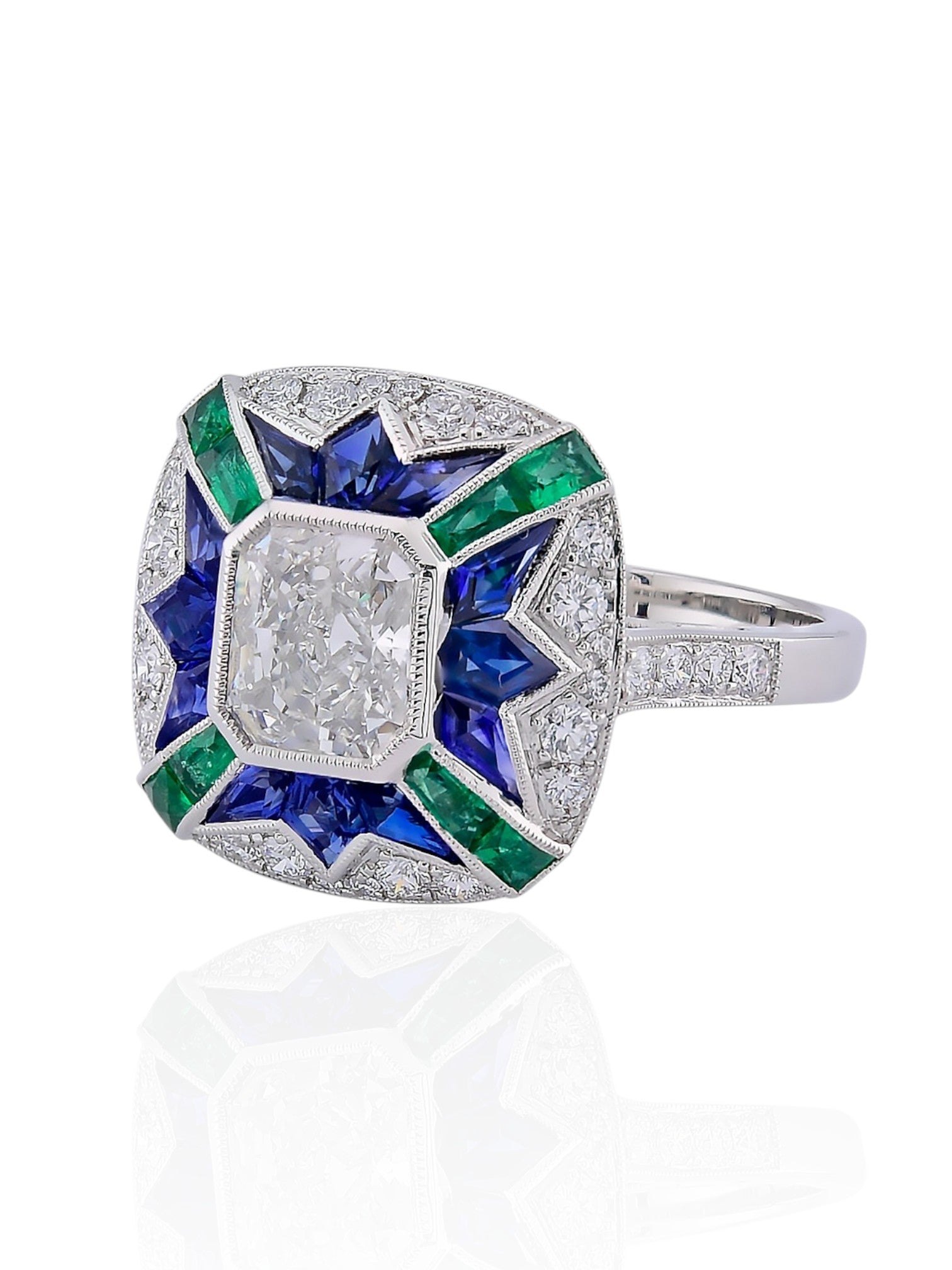Sophia D Art Deco Radiant Diamond, Emerald & Sapphire Ring in Platinum