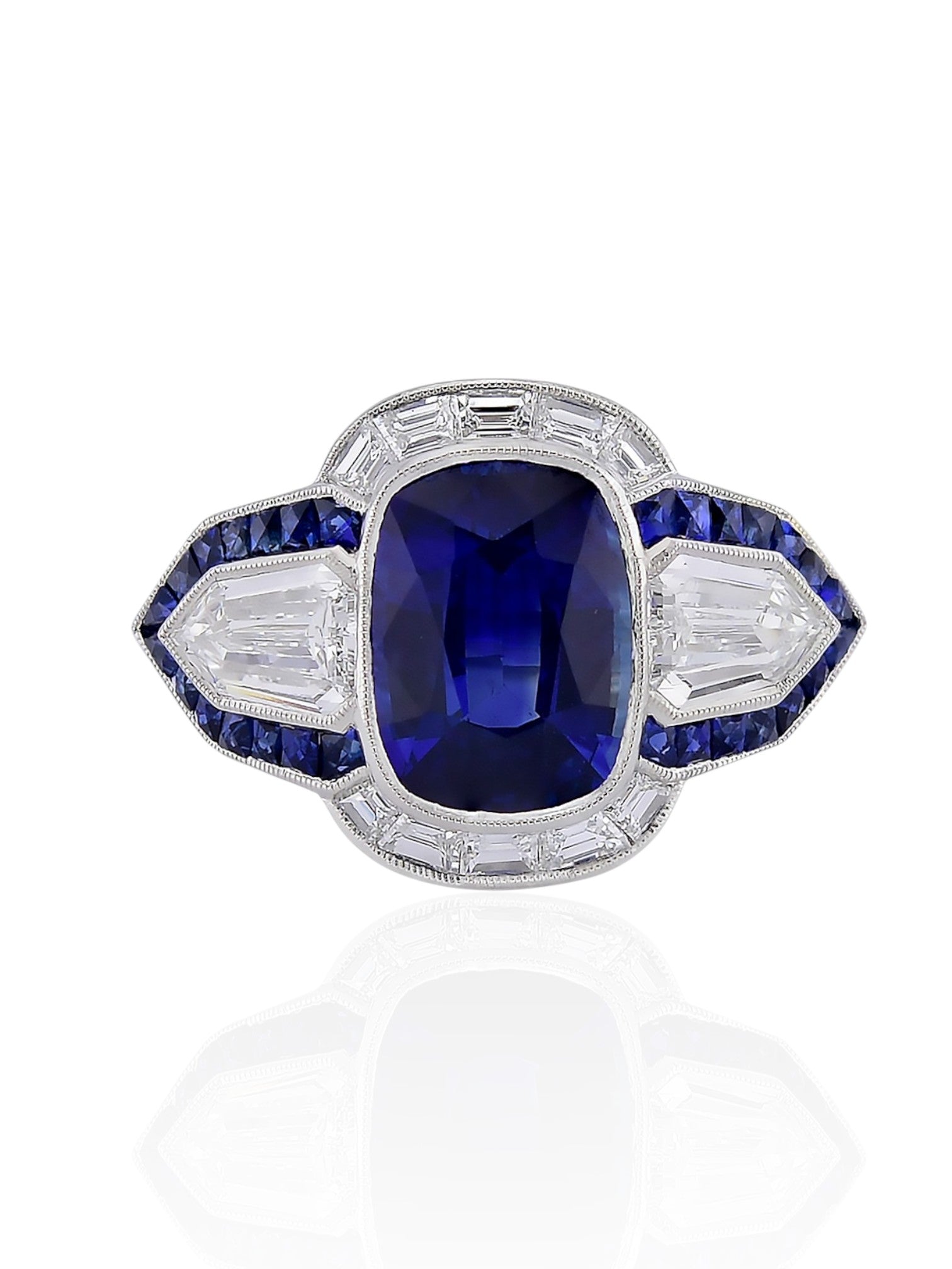 Sophia D Art Deco Cushion Sapphire and Diamond Mosaic Ring in Platinum