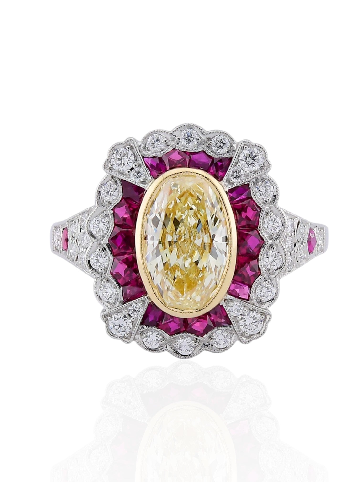Sophia D Art Deco Yellow Diamond, Ruby, and Diamond Ring in Platinum