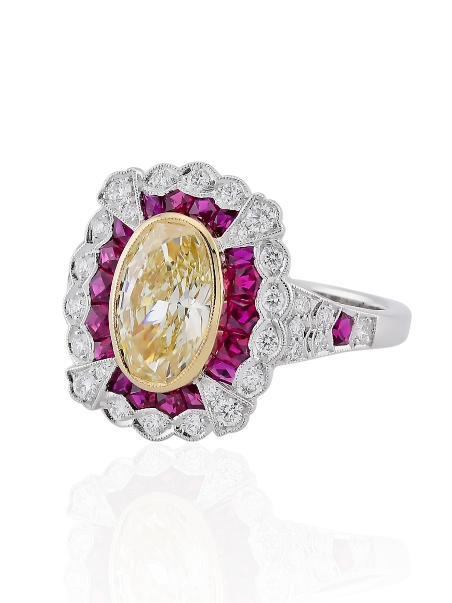 Sophia D Art Deco Yellow Diamond, Ruby, and Diamond Ring in Platinum