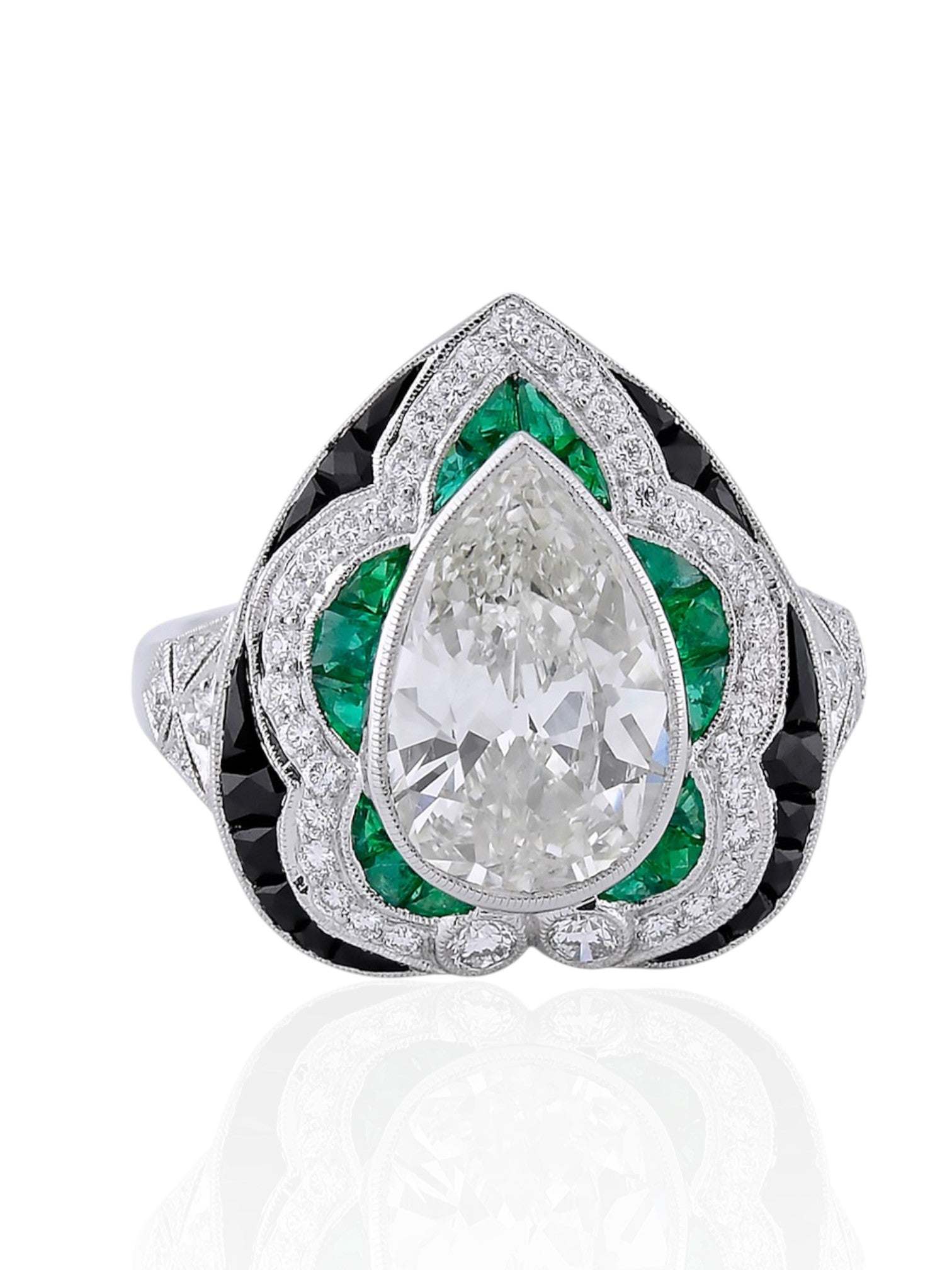 Sophia D Art Deco Pear-Shaped Diamond, Emerald, and Onyx Ring in Platinum