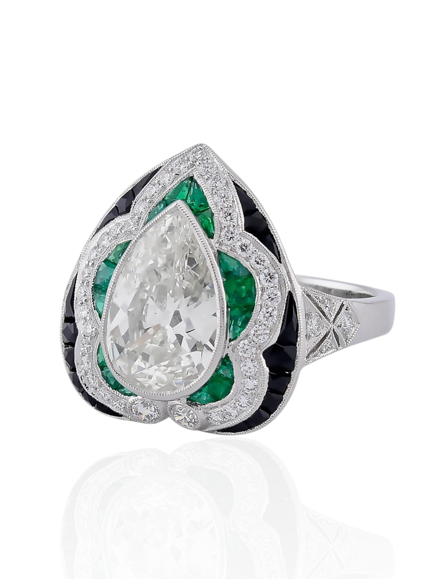 Sophia D Art Deco Pear-Shaped Diamond, Emerald, and Onyx Ring in Platinum