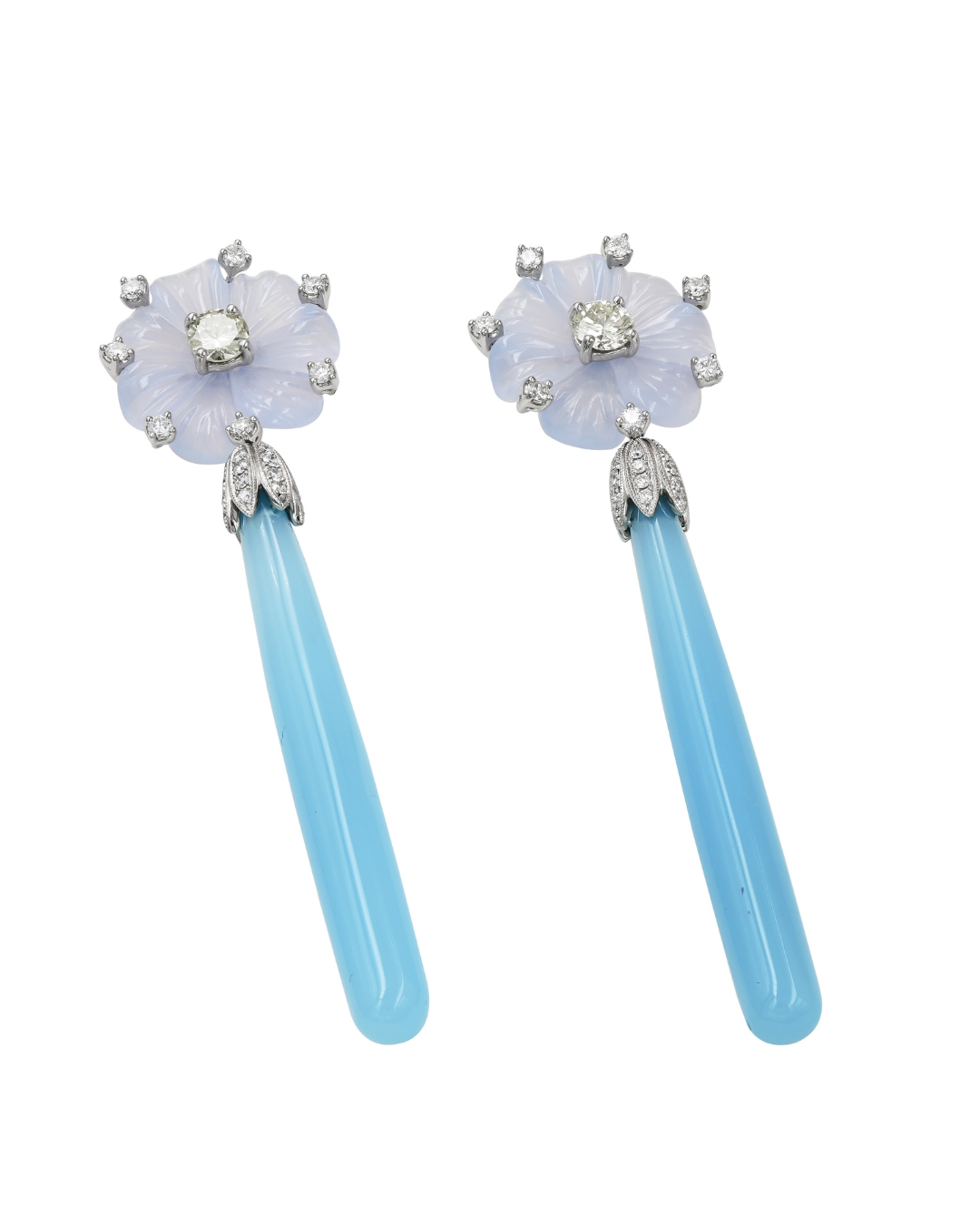 Sophia D. Blue Agate and Chalcendony Floral Earrings with Diamond Center