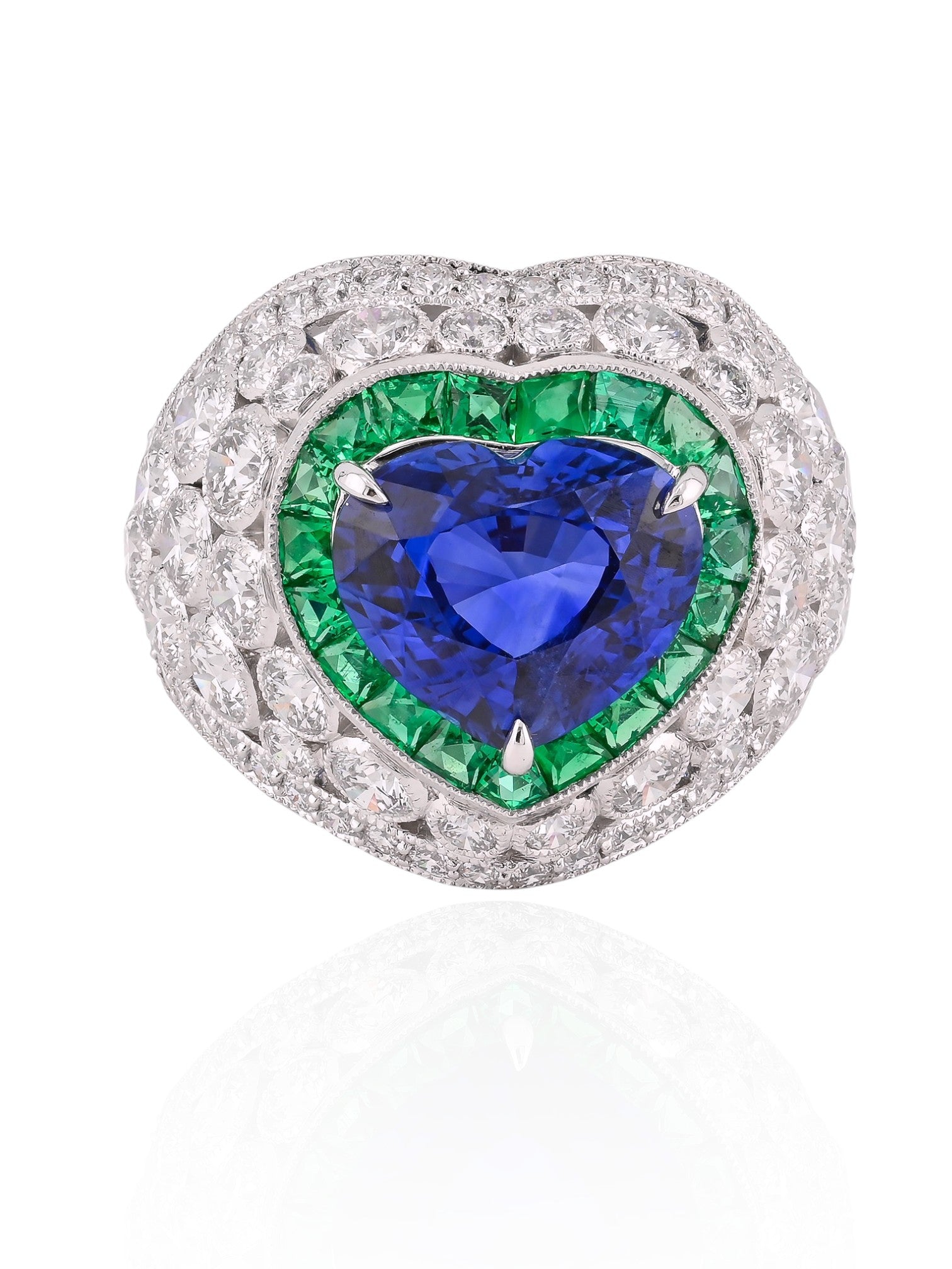 Sophia D Heart-Shaped Sapphire and Emerald Dome Ring in Platinum