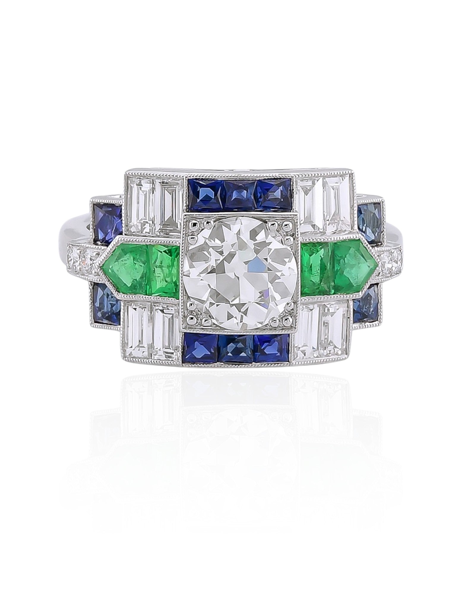 Sophia D Art Deco Mosaic Emerald, Sapphire, and Diamond Ring in Platinum