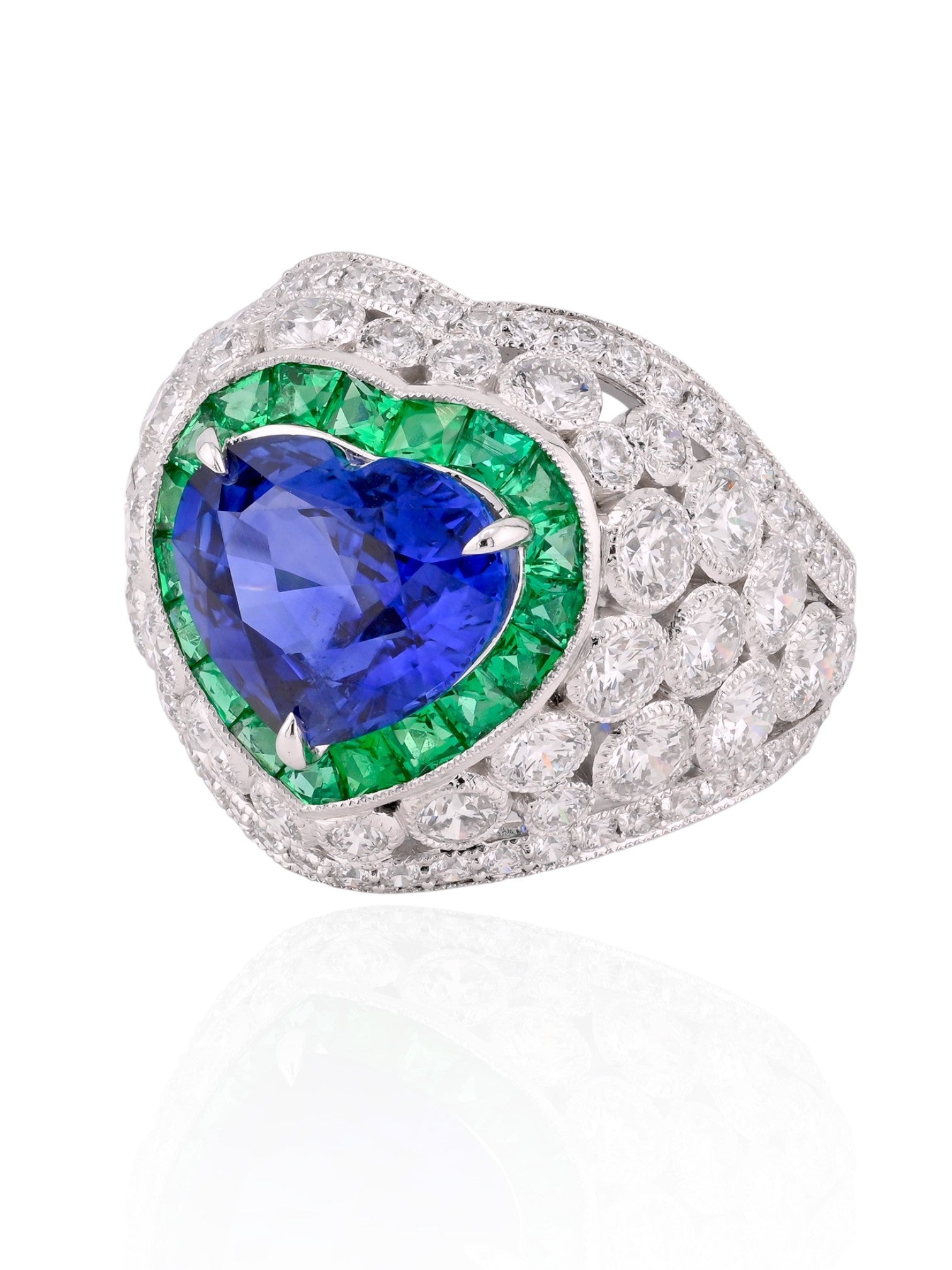 Sophia D Heart-Shaped Sapphire and Emerald Dome Ring in Platinum
