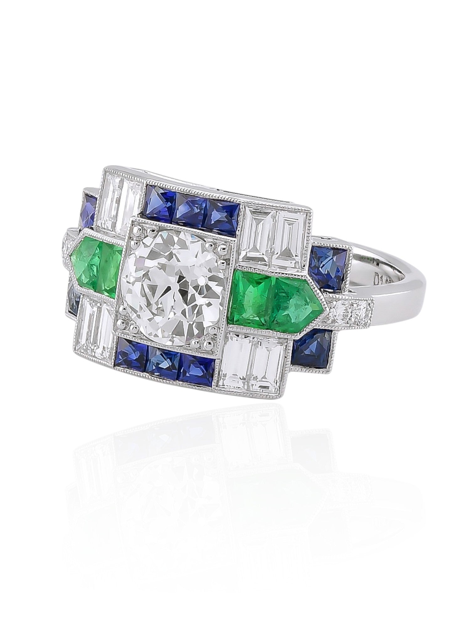 Sophia D Art Deco Mosaic Emerald, Sapphire, and Diamond Ring in Platinum