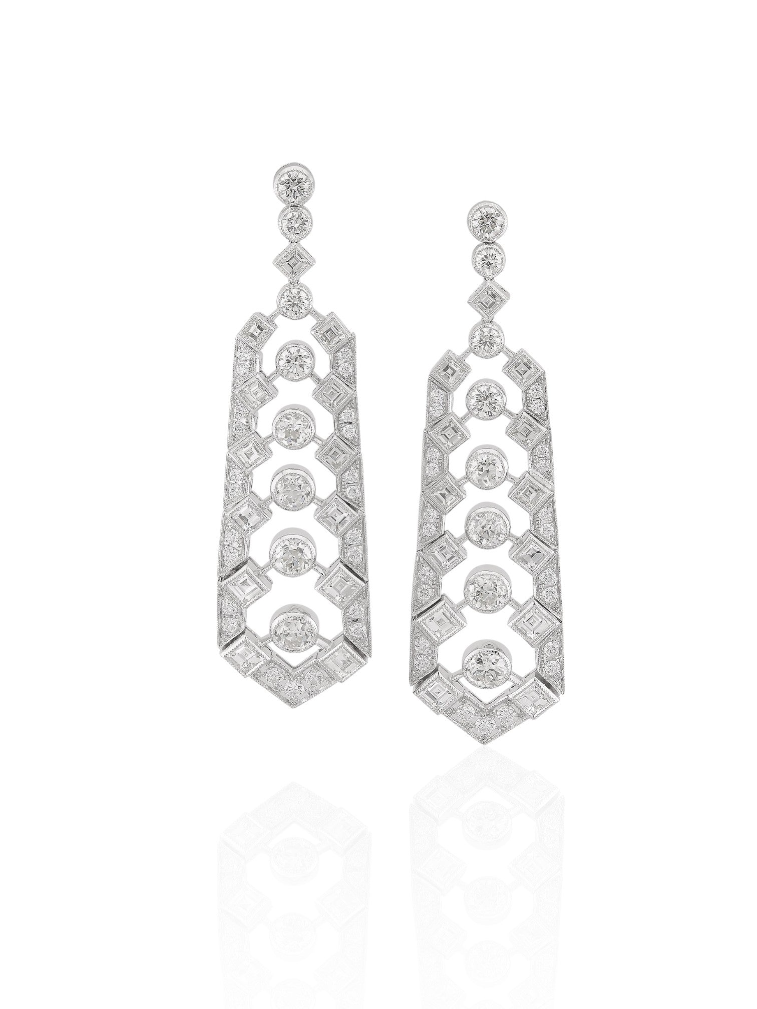 Sophia D Art Deco Carré-Cut and Round Diamond Drop Earrings in Platinum