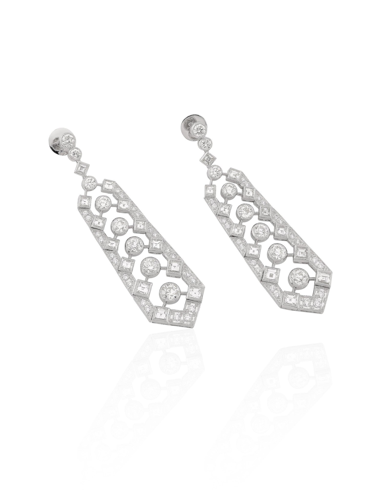 Sophia D Art Deco Carré-Cut and Round Diamond Drop Earrings in Platinum