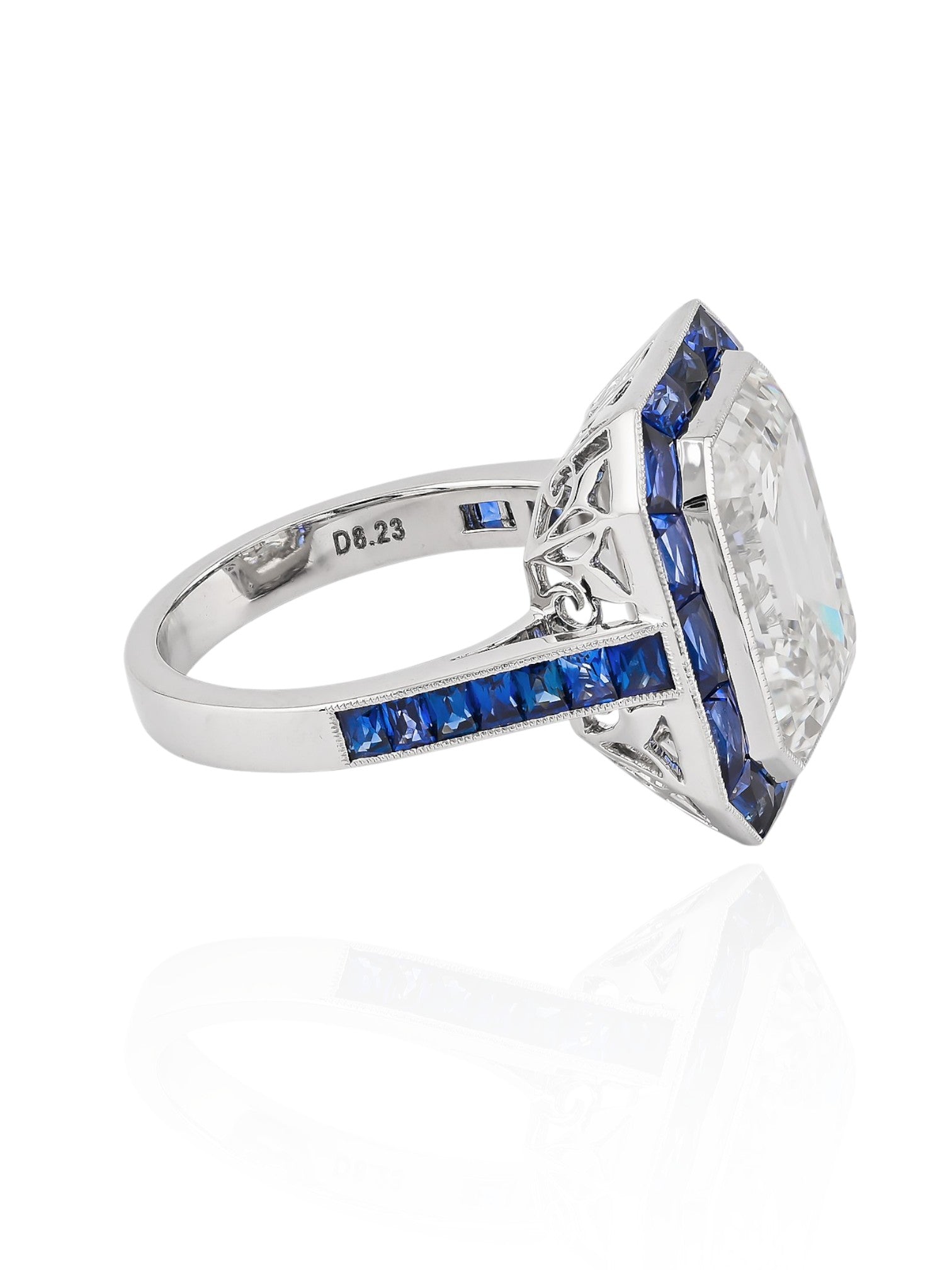 Sophia D Art Deco Style 8.23 Carat Emerald Cut Diamond and Sapphire Ring in Platinum