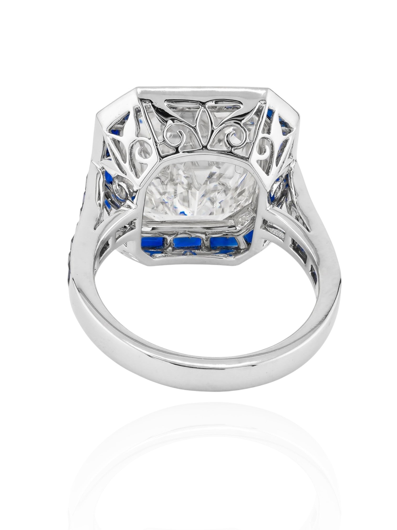 Sophia D Art Deco Style 8.23 Carat Emerald Cut Diamond and Sapphire Ring in Platinum