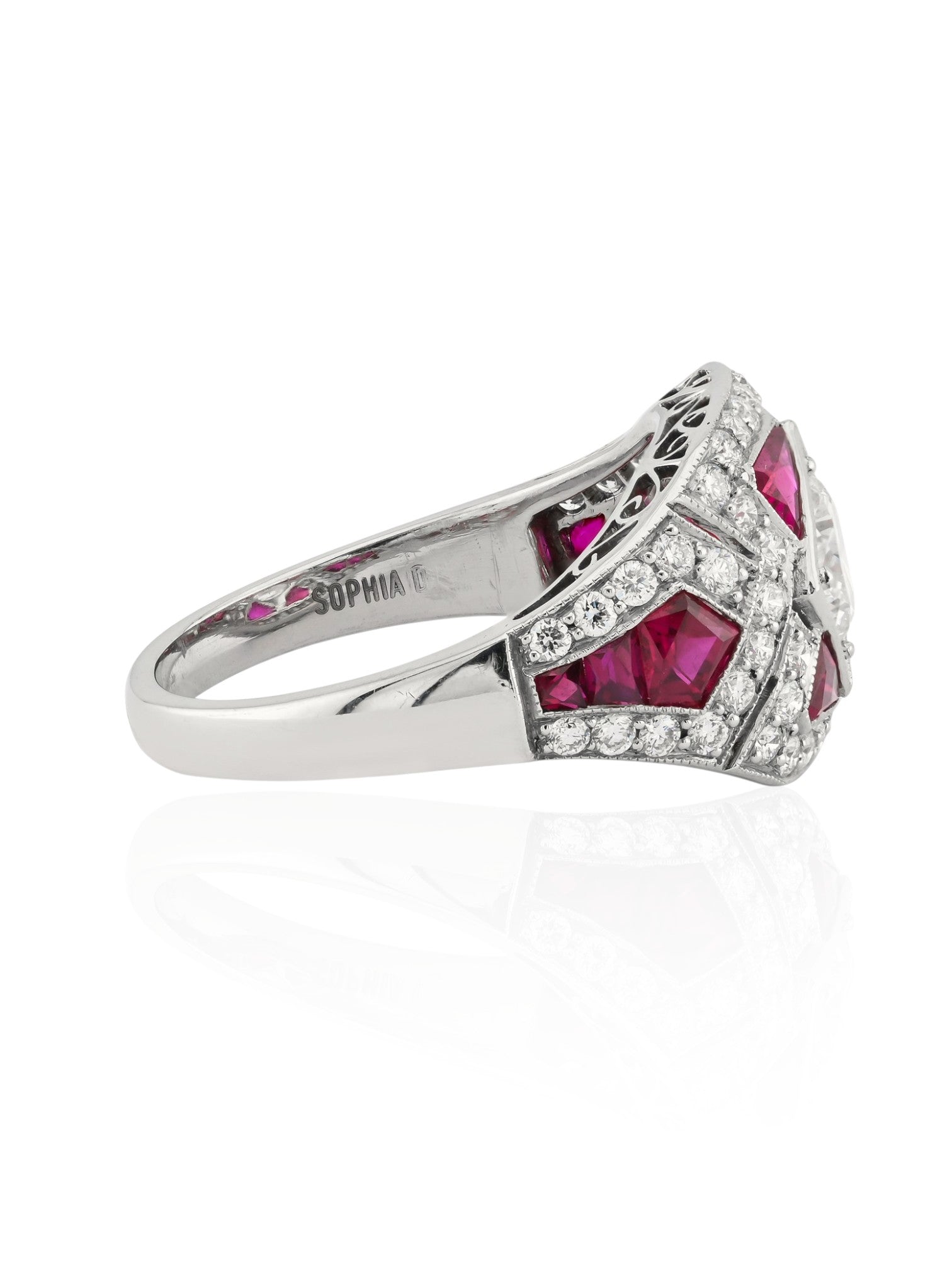 Sophia D Art Deco Ruby and Diamond Geometric Ring in Platinum