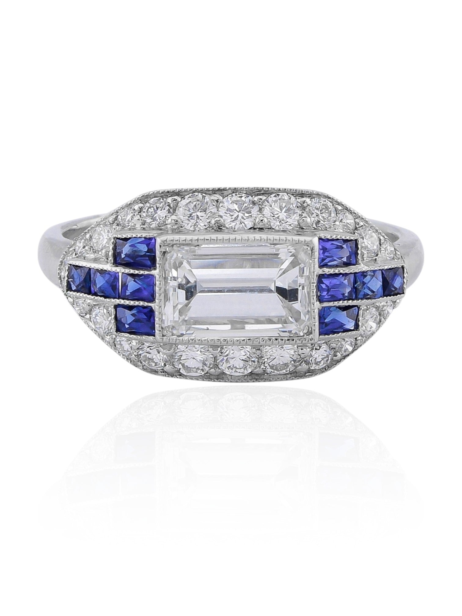 Sophia D Art Deco Emerald-Cut Diamond and Sapphire Ring in Platinum