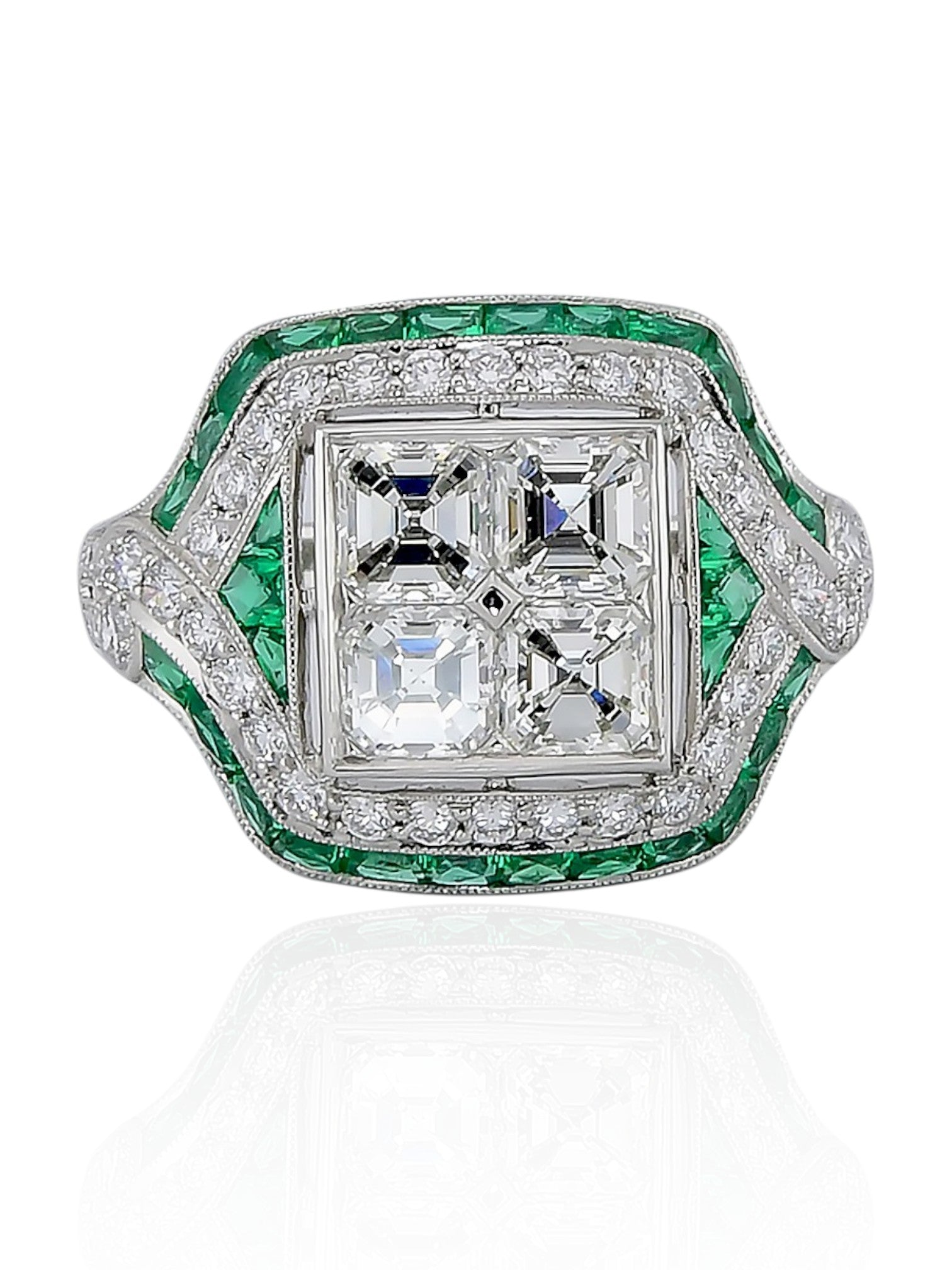 Sophia D Art Deco Mosaic Asscher-Cut Diamond and Emerald Ring in Platinum