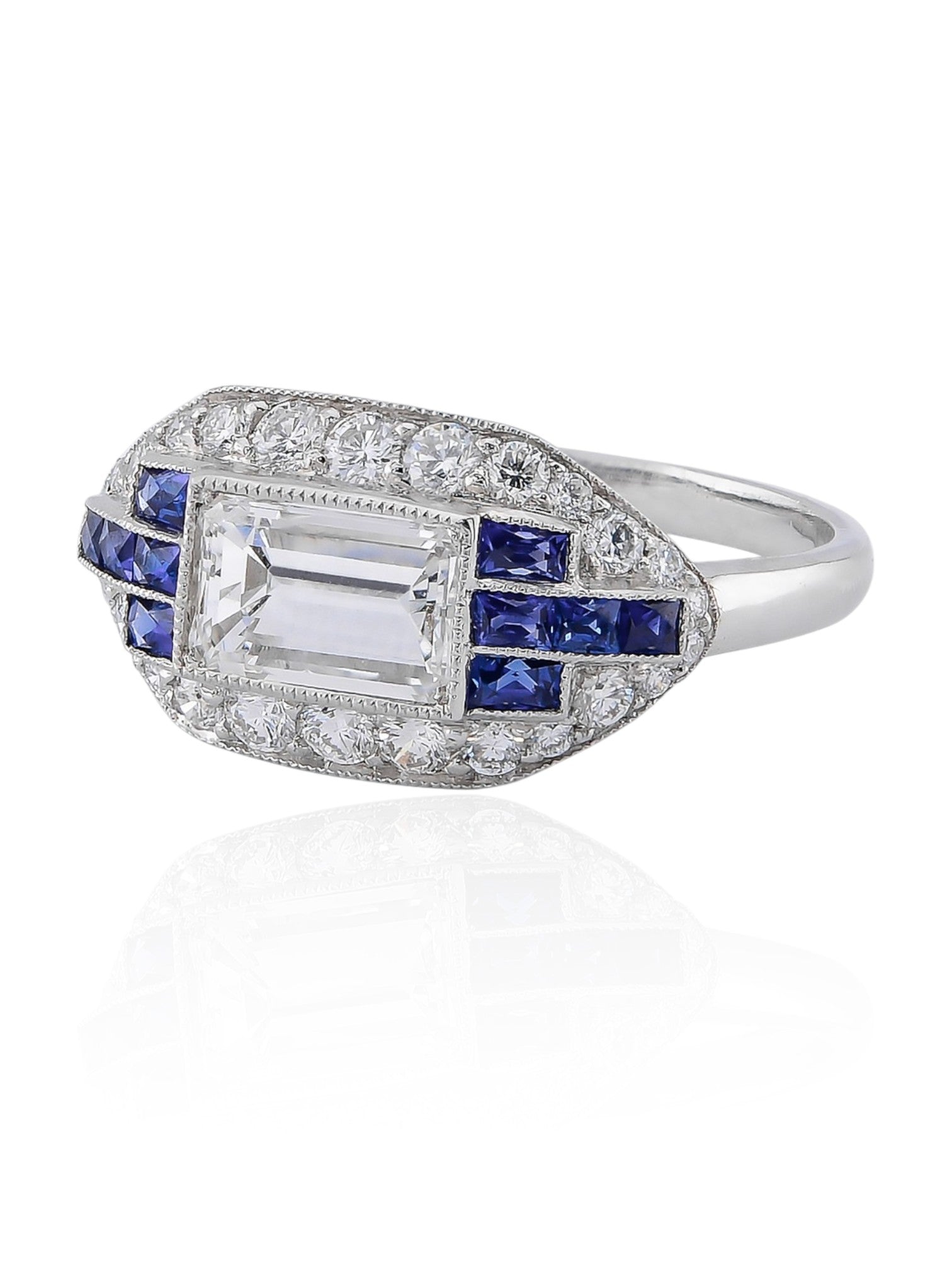 Sophia D Art Deco Emerald-Cut Diamond and Sapphire Ring in Platinum