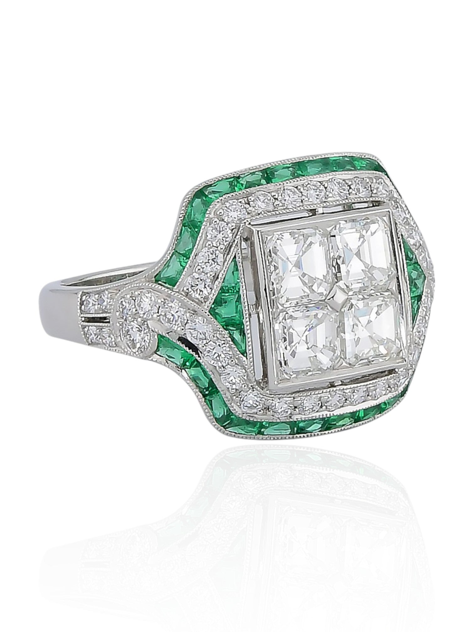 Sophia D Art Deco Mosaic Asscher-Cut Diamond and Emerald Ring in Platinum