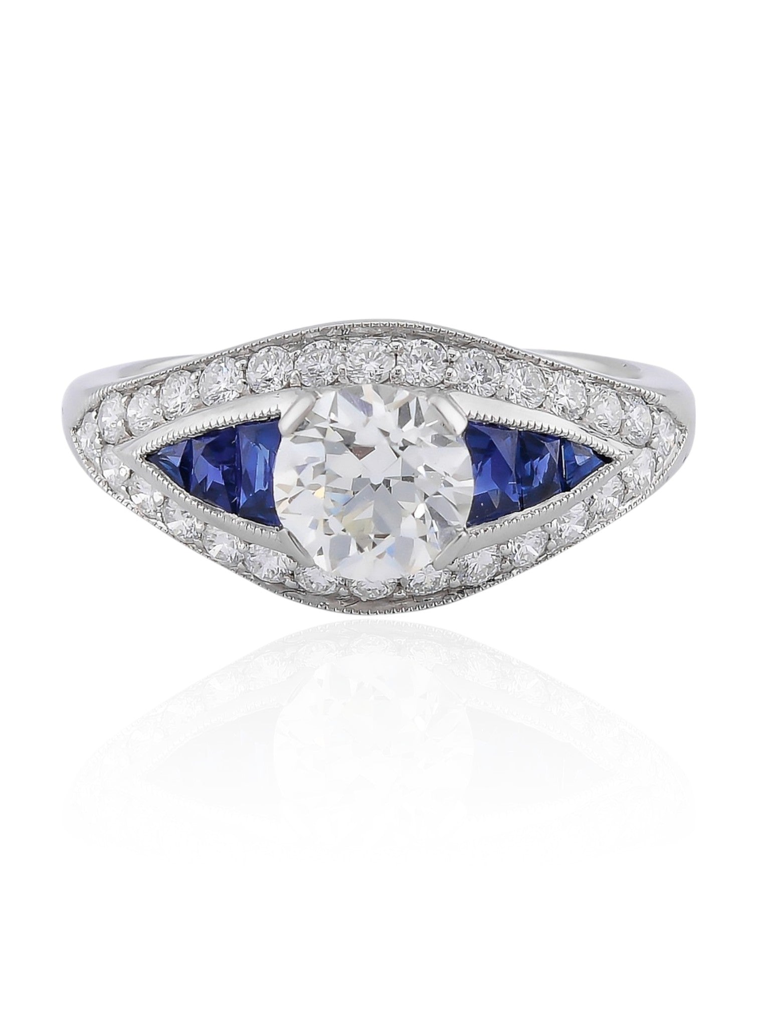 Sophia D Art Deco Round Diamond and Sapphire Ring in Platinum