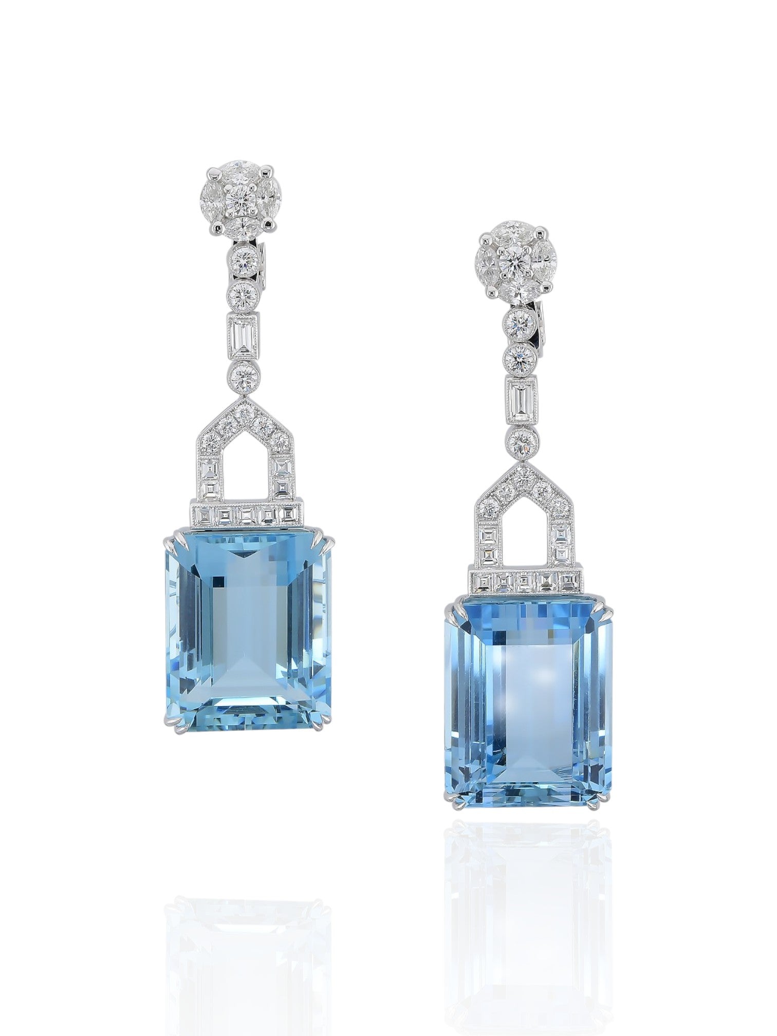 Sophia D Art Deco Aquamarine and Diamond Drop Earrings in Platinum