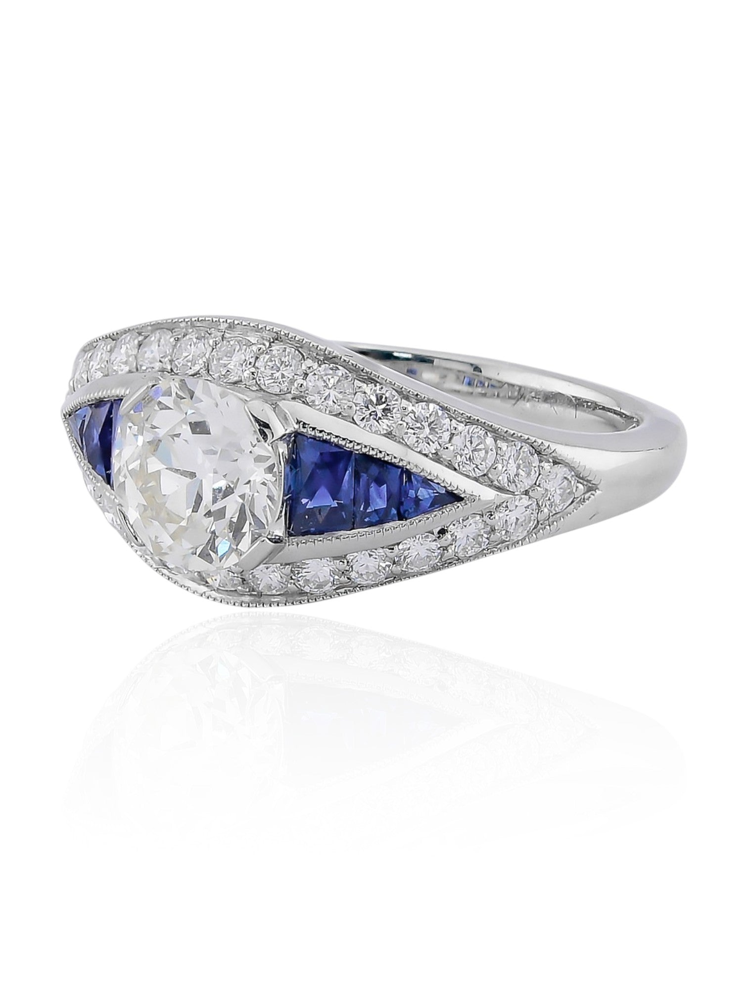 Sophia D Art Deco Round Diamond and Sapphire Ring in Platinum