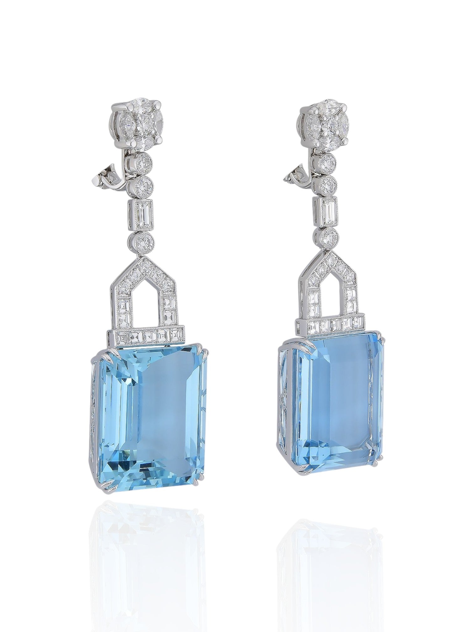 Sophia D Art Deco Aquamarine and Diamond Drop Earrings in Platinum