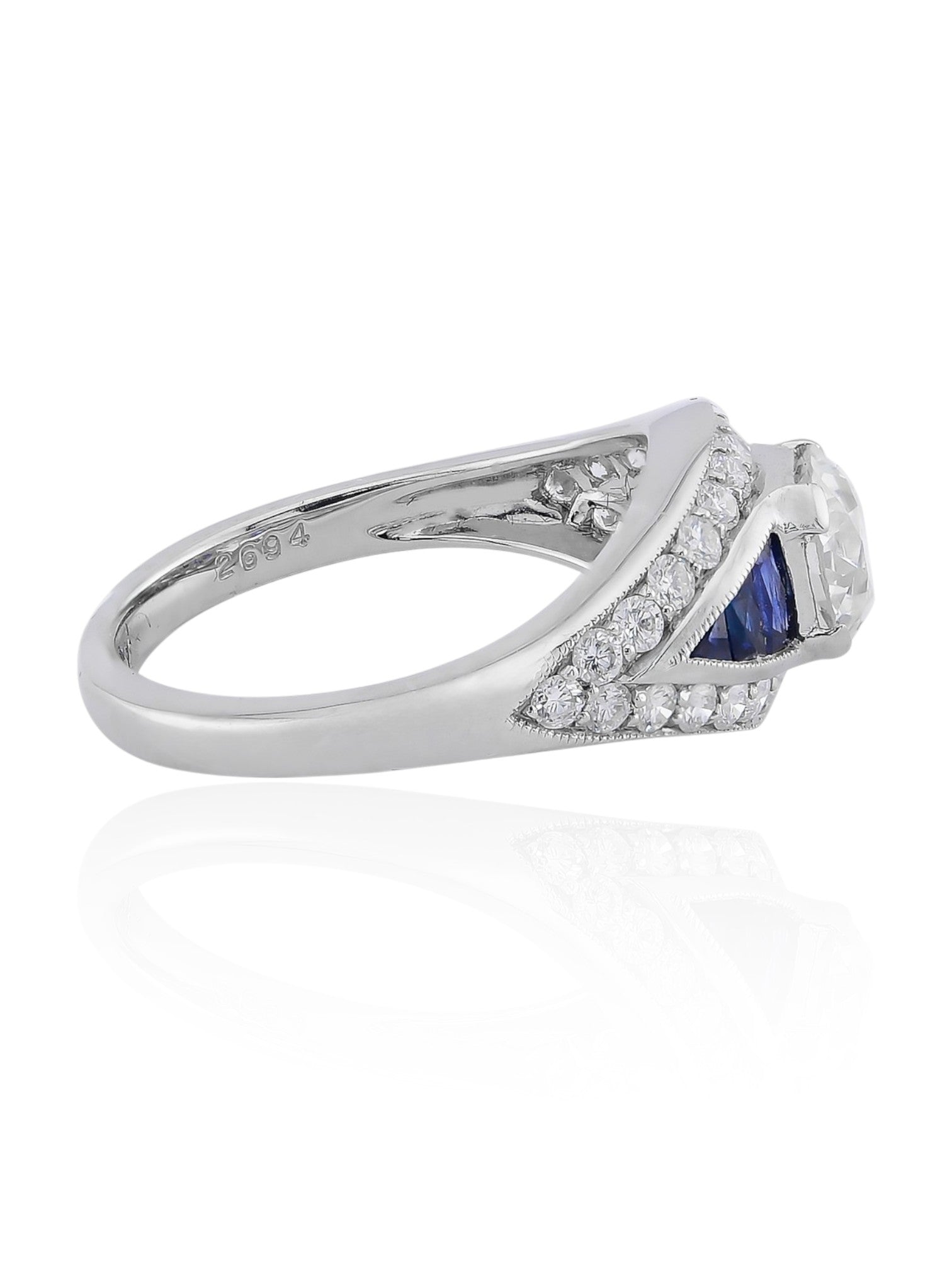 Sophia D Art Deco Round Diamond and Sapphire Ring in Platinum