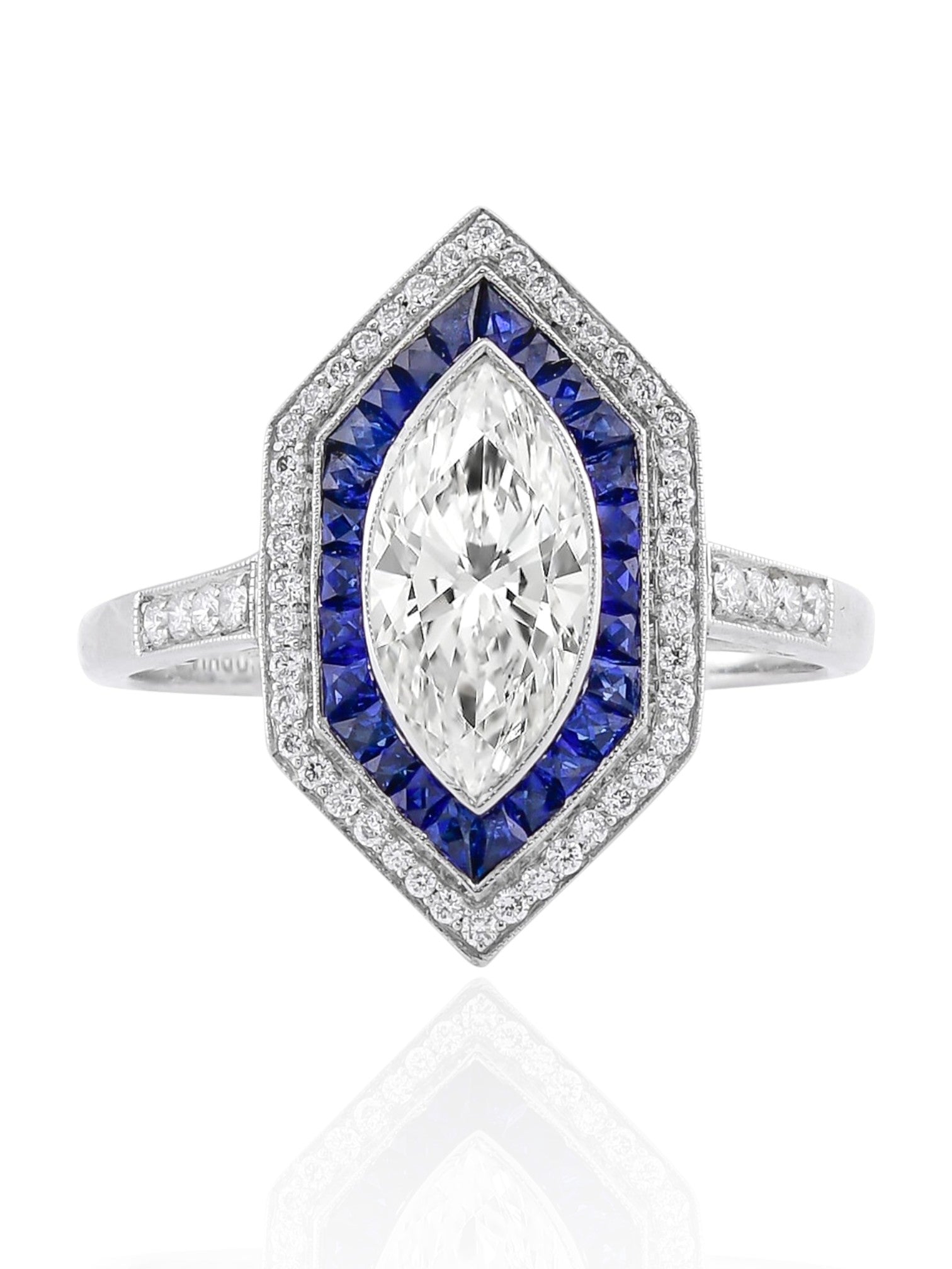 Sophia D Art Deco Marquise Diamond and Sapphire Ring in Platinum