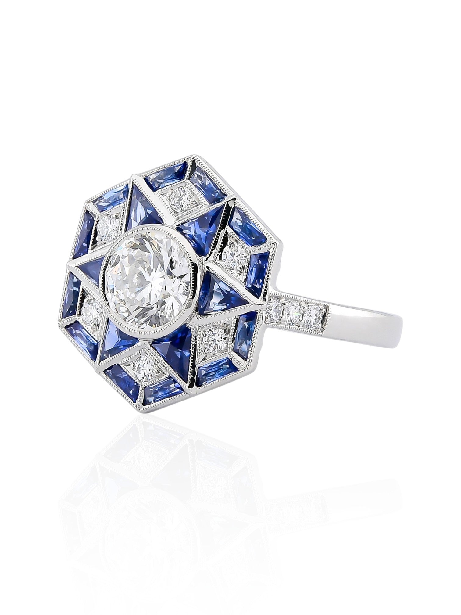 Sophia D Art Deco Round Diamond and Sapphire Starburst Ring in Platinum
