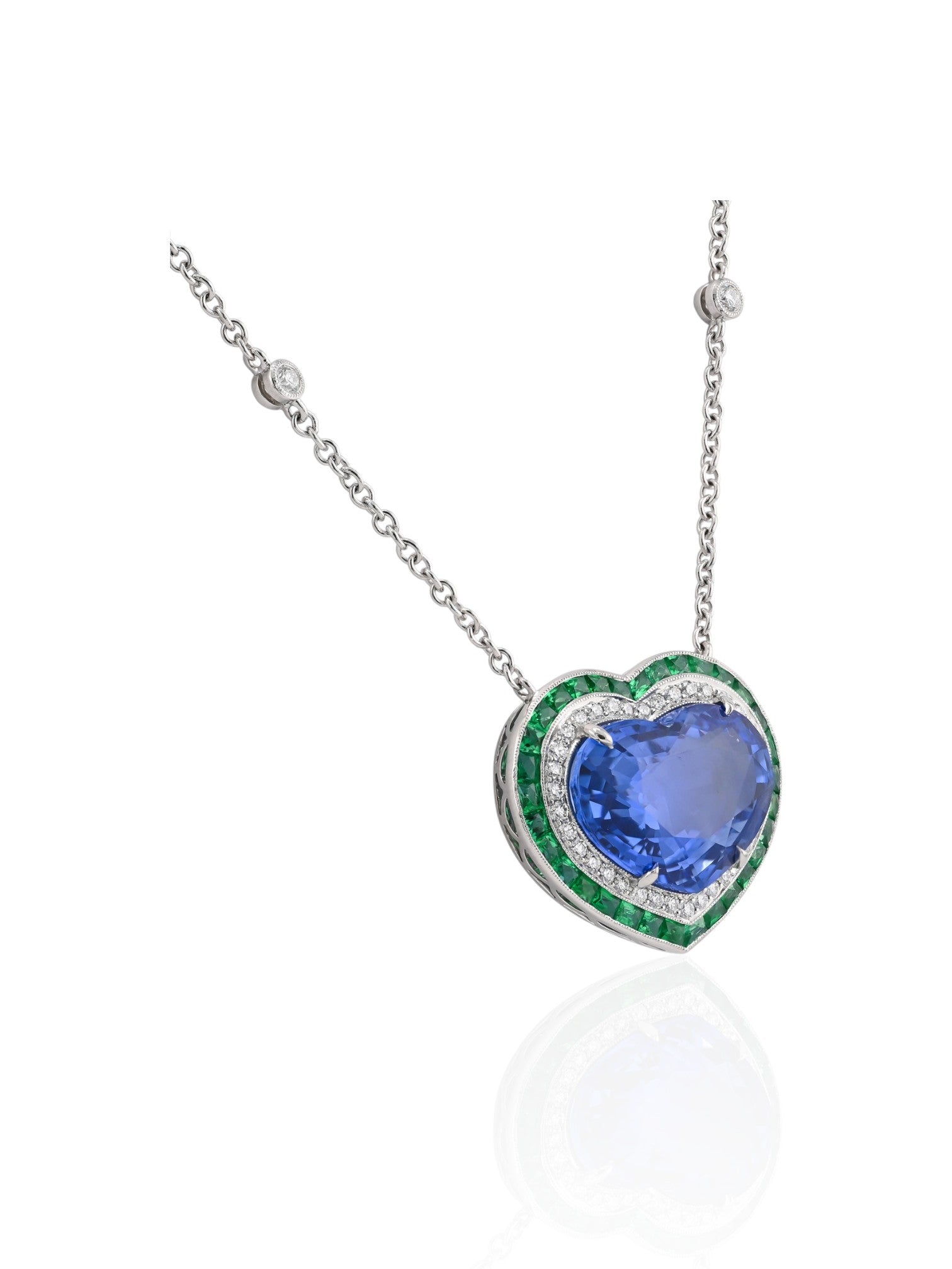 Sophia D Heart-Shaped Sapphire, Emerald, and Diamond Necklace in Platinum