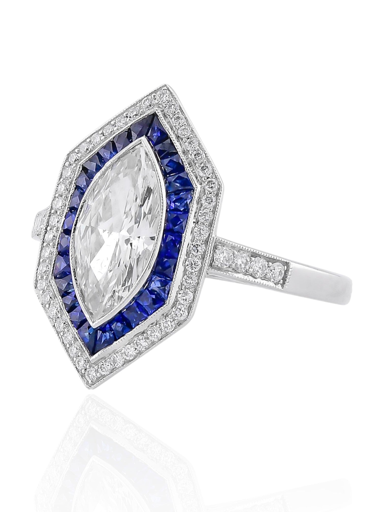 Sophia D Art Deco Marquise Diamond and Sapphire Ring in Platinum