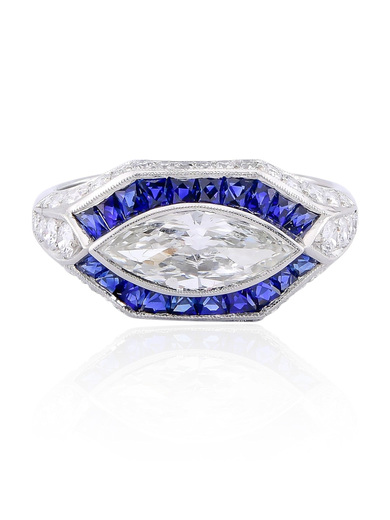 Sophia D Art Deco Marquise Diamond and Sapphire Ring in Platinum