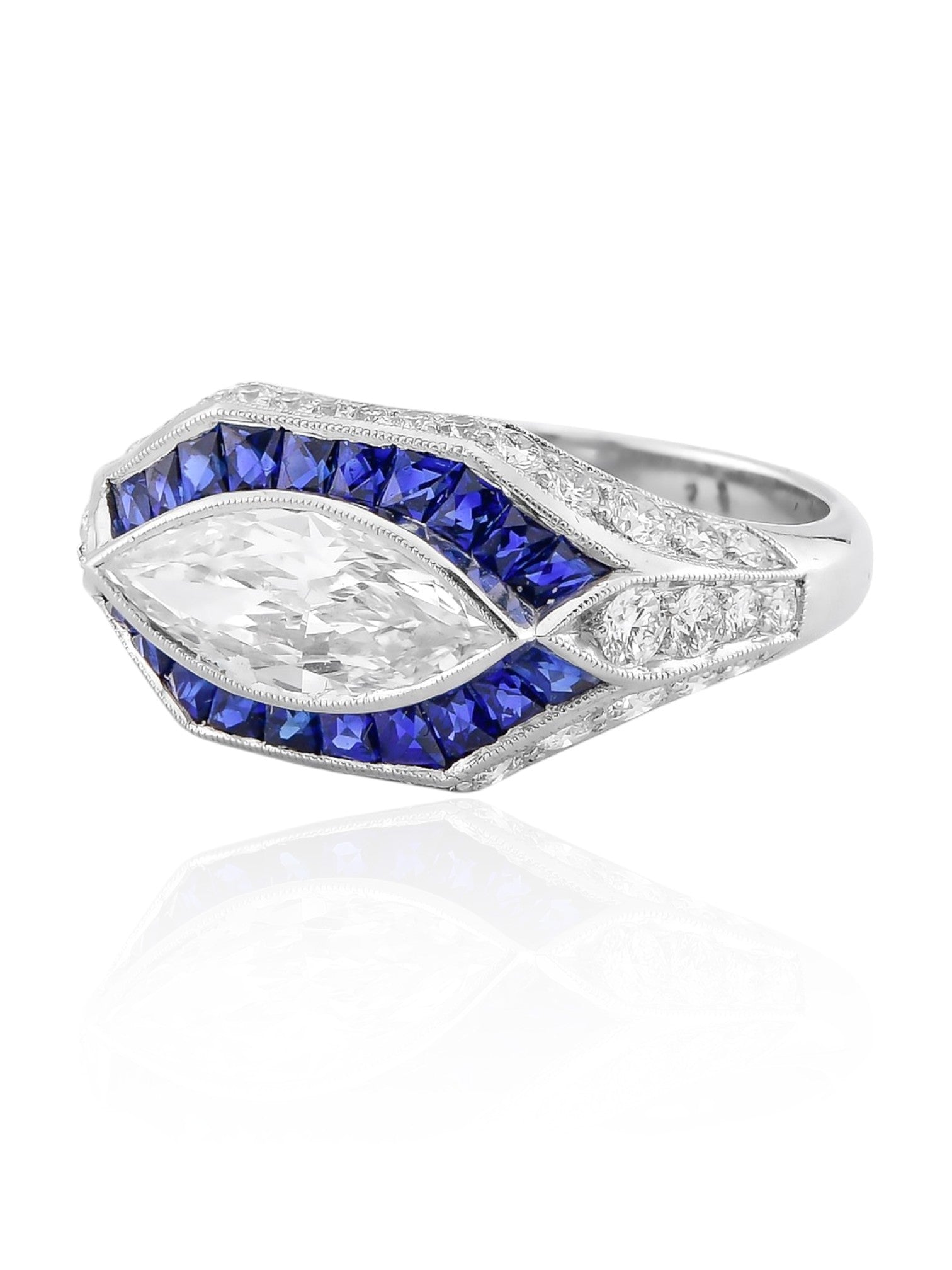 Sophia D Art Deco Marquise Diamond and Sapphire Ring in Platinum