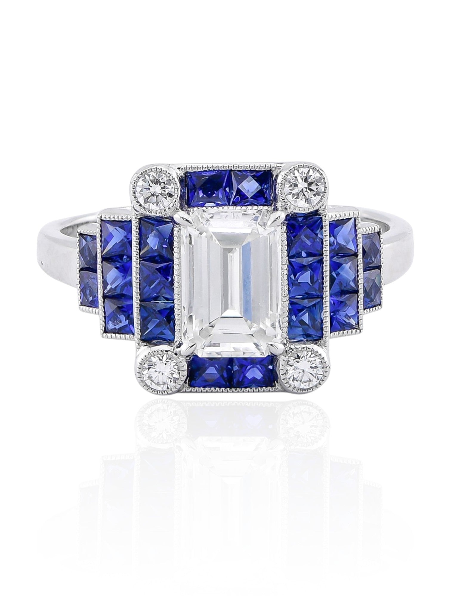 Sophia D Art Deco Emerald-Cut Diamond and Sapphire Mosaic Ring in Platinum