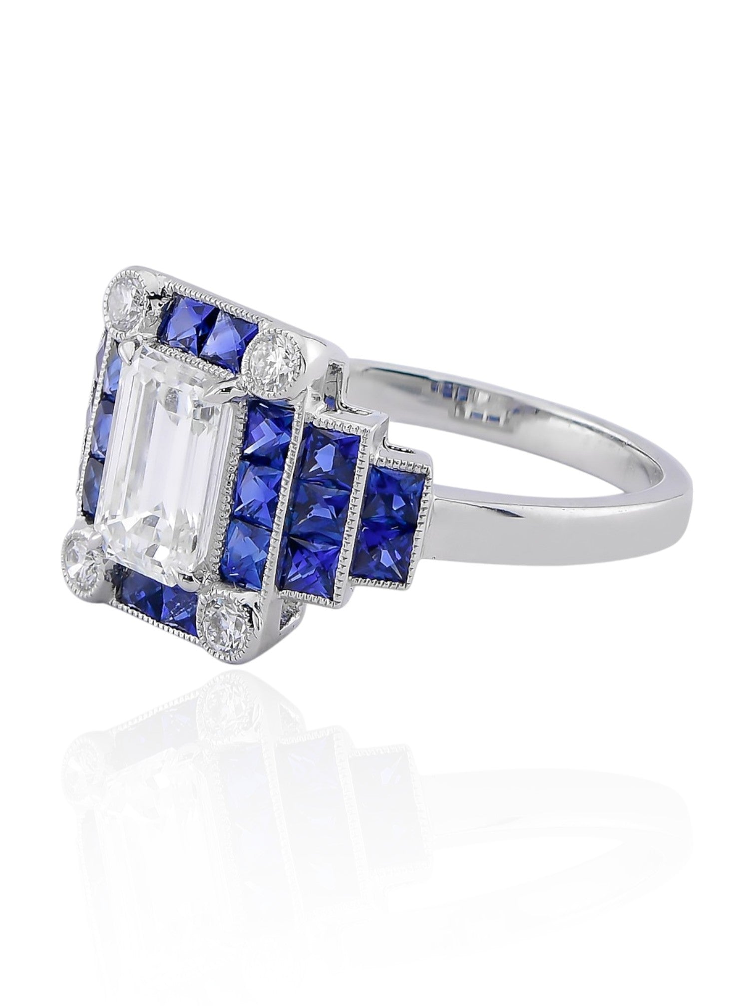 Sophia D Art Deco Emerald-Cut Diamond and Sapphire Mosaic Ring in Platinum