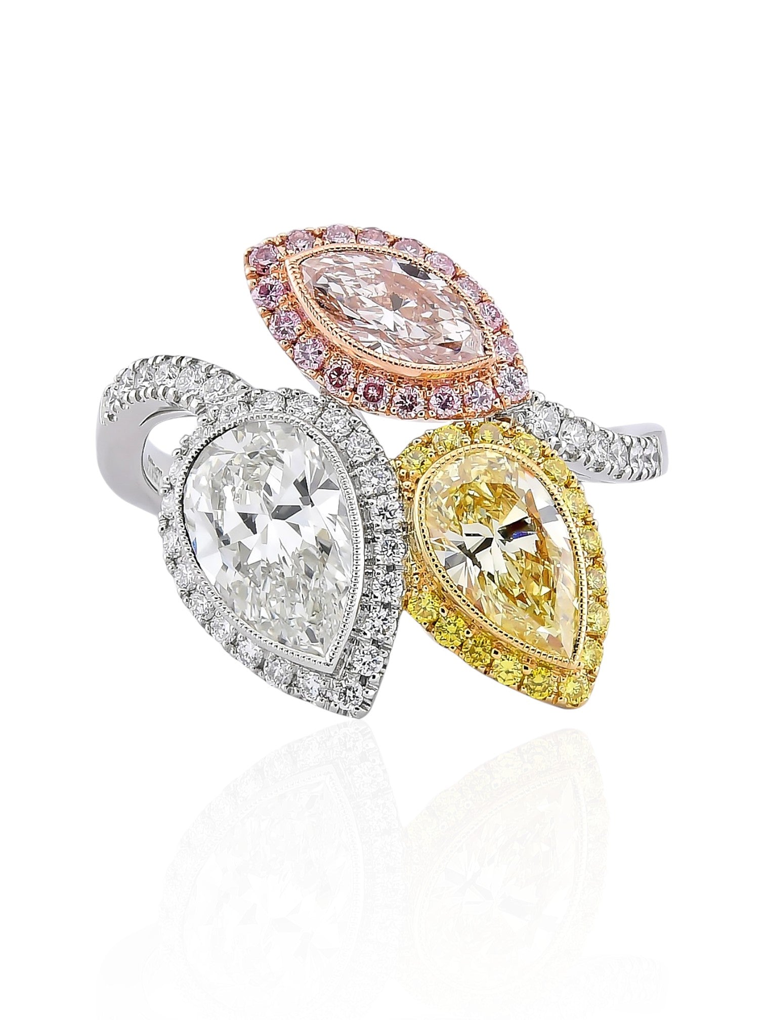 Sophia D Pear-Shaped White, Yellow, and Pink Diamond Trio Ring in Platinum