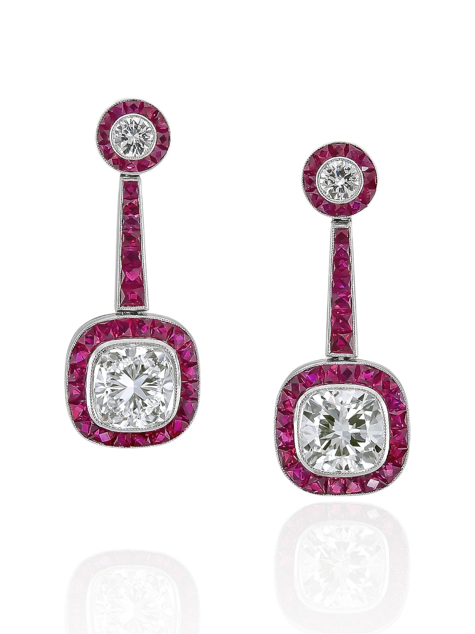 Sophia D Art Deco Cushion-Cut Diamond and Ruby Drop Earrings in Platinum
