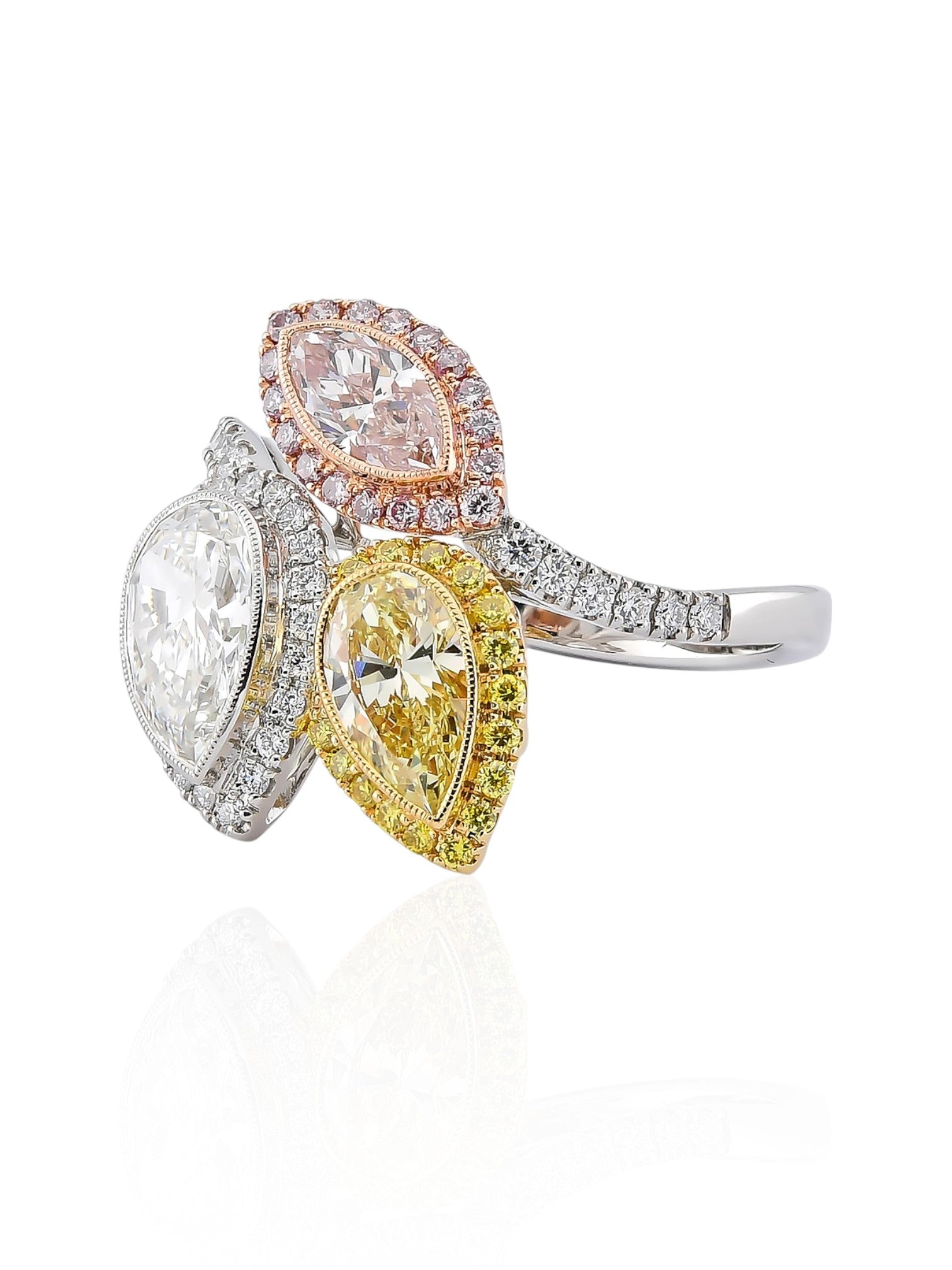 Sophia D Pear-Shaped White, Yellow, and Pink Diamond Trio Ring in Platinum