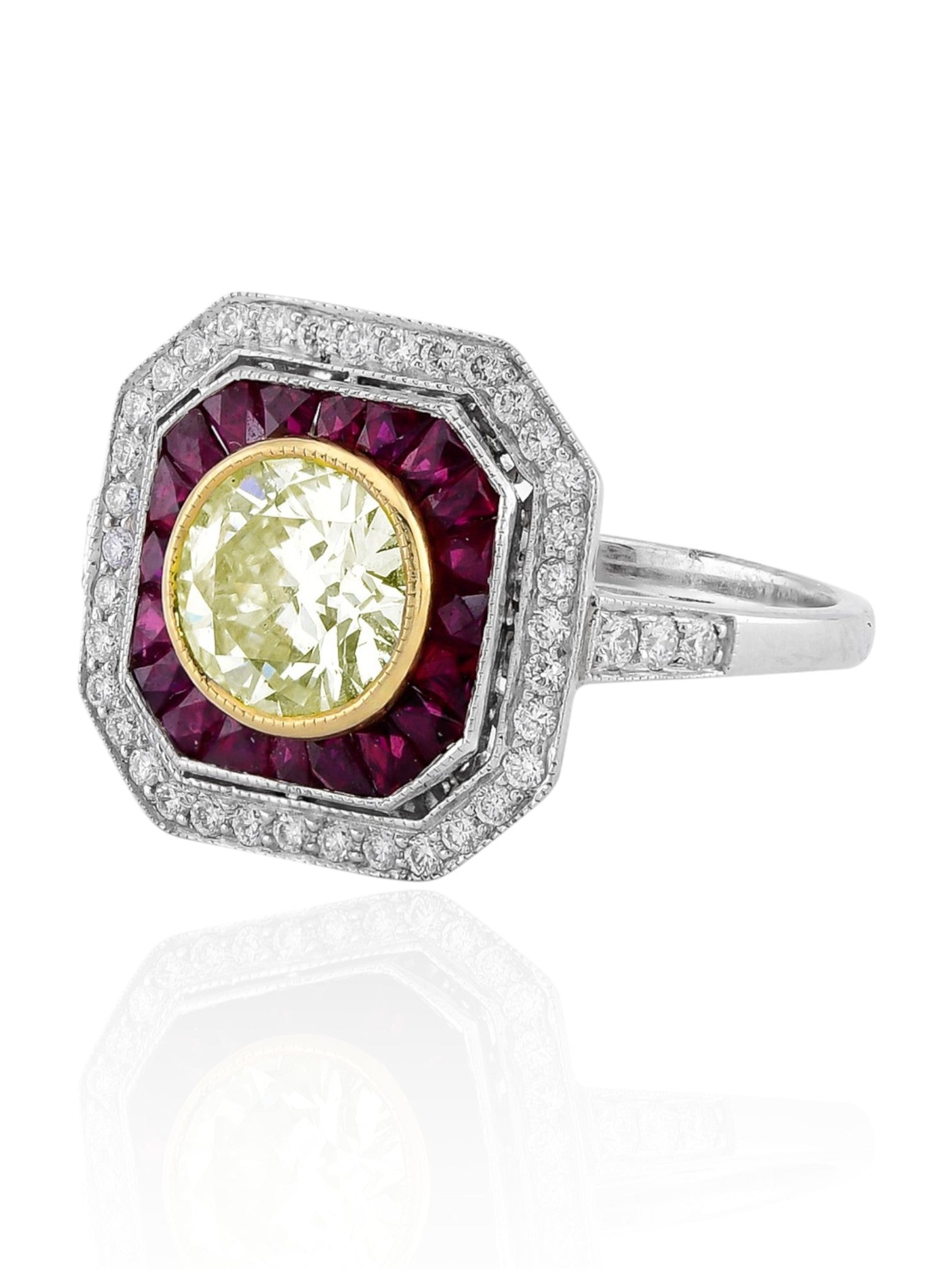 Sophia D Art Deco Ruby and Yellow Diamond Ring in Platinum